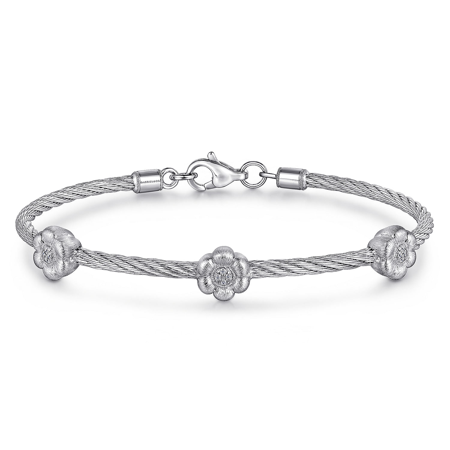 925 Sterling Silver-Stainless Steel Twisted Cable Bangle with 3 Flower Cluster Diamond Stations