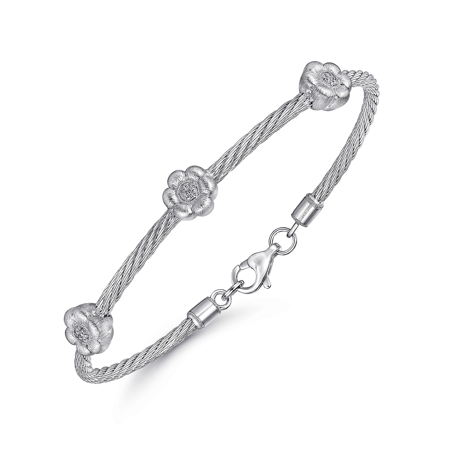 925 Sterling Silver-Stainless Steel Twisted Cable Bangle with 3 Flower Cluster Diamond Stations