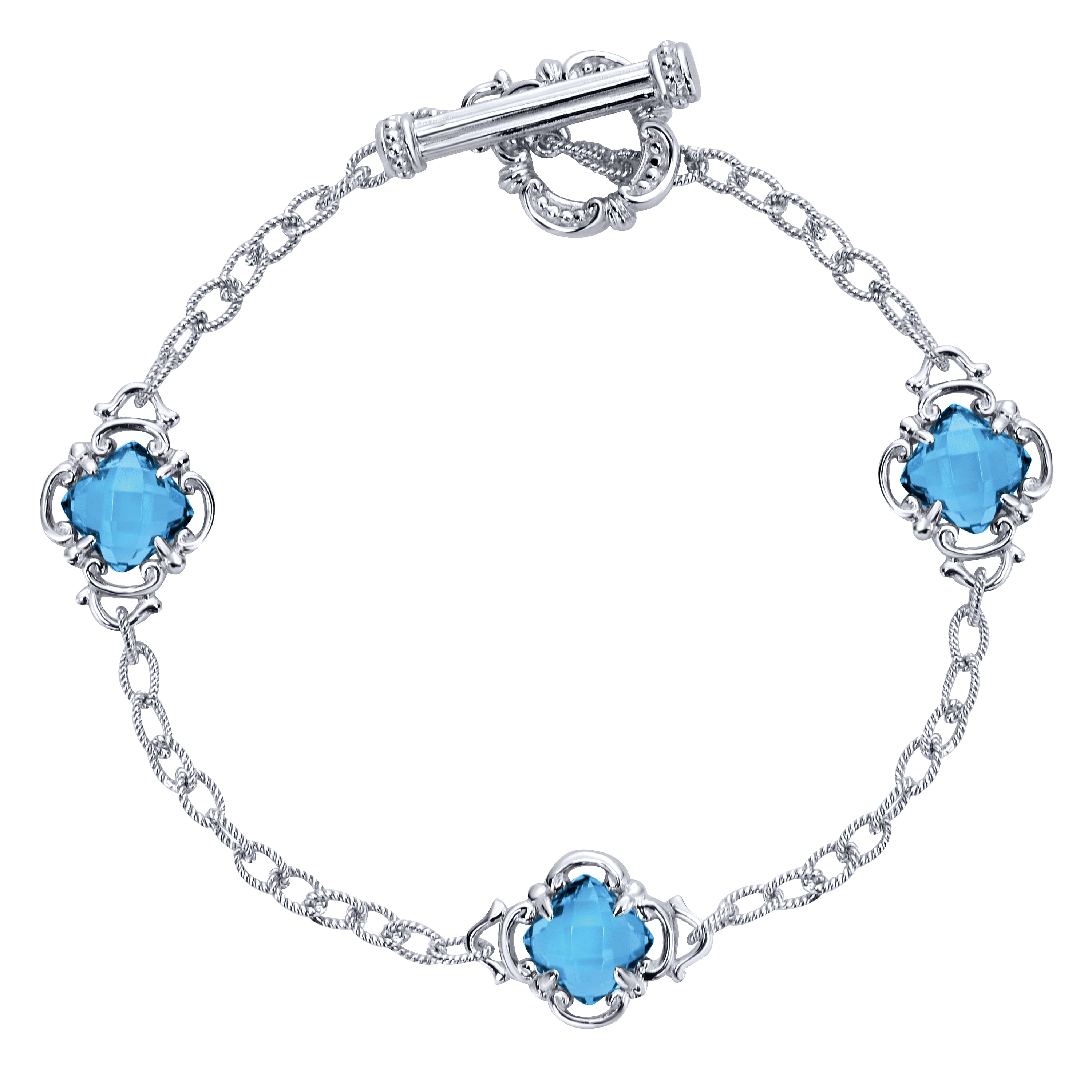 925 Sterling Silver Toggle Bracelet with Blue Topaz Clover Stations