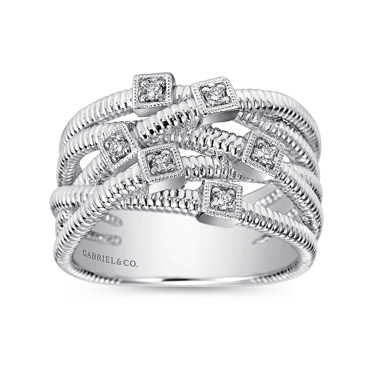 925 Sterling Silver Wide Band Criss Cross Diamond Station Ring