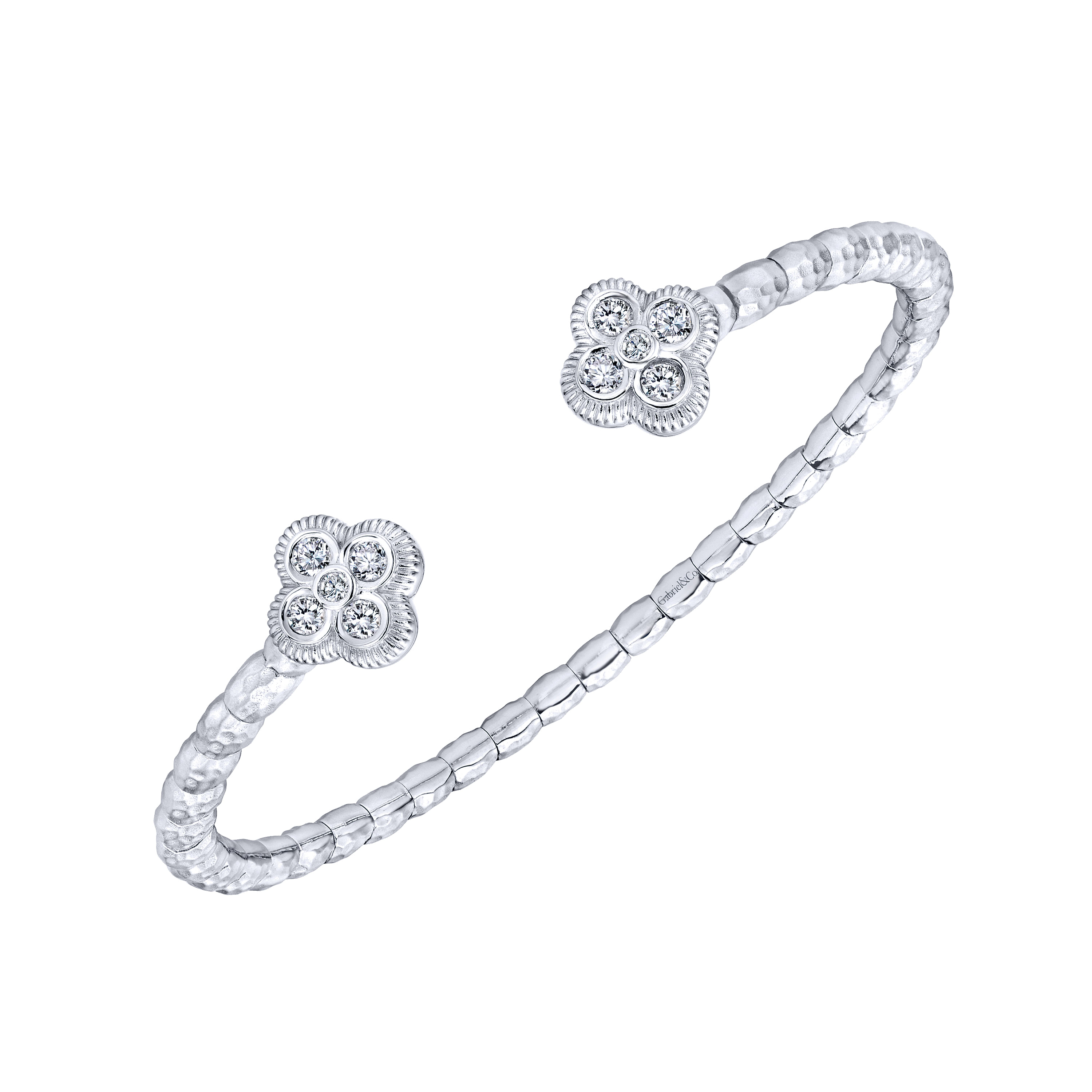 925 Sterling Silver and Stainless Steel White Sapphire Quatrefoil Bangle