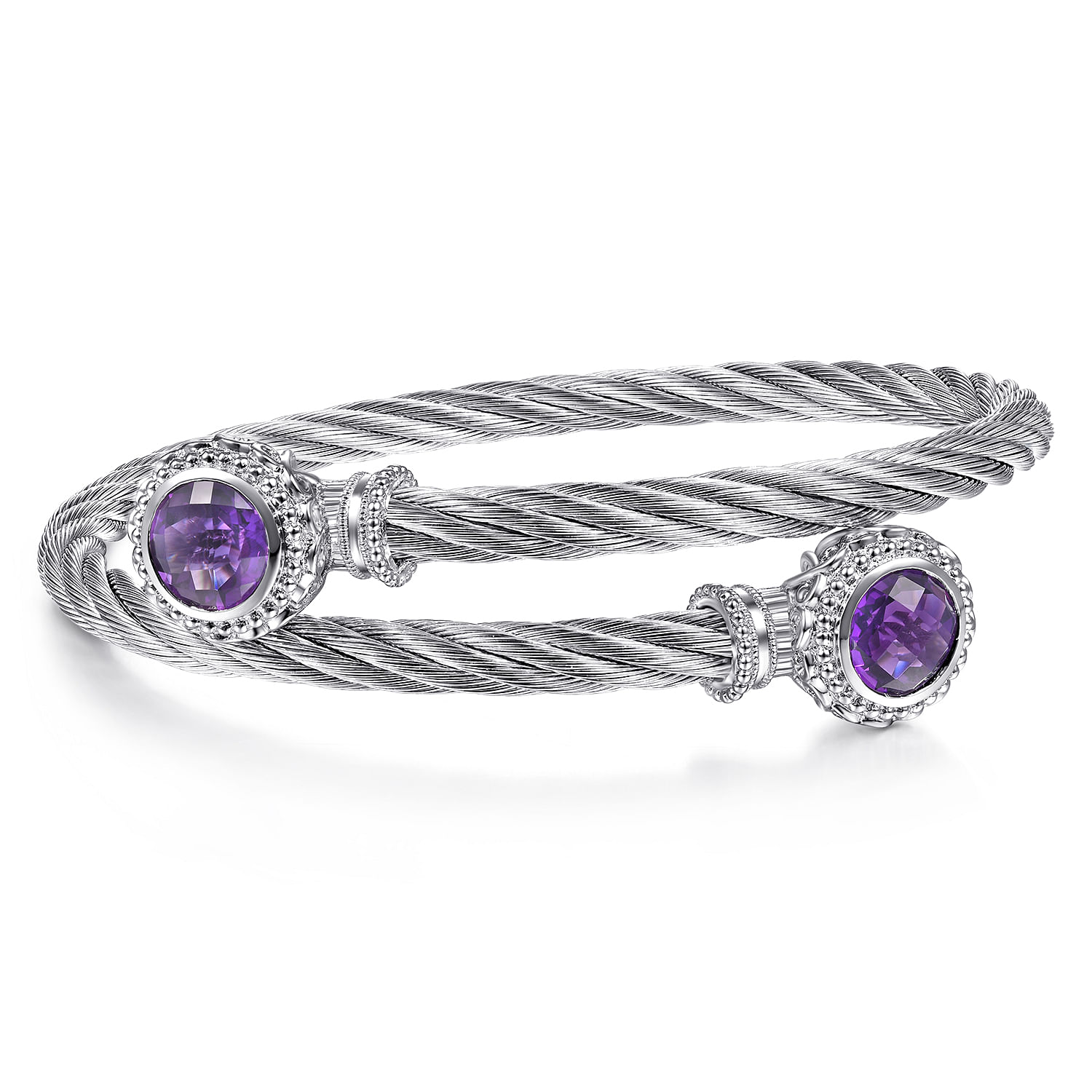925 Sterling Silver and Twisted Cable Stainless Steel Amethyst Stone Bypass Bangle