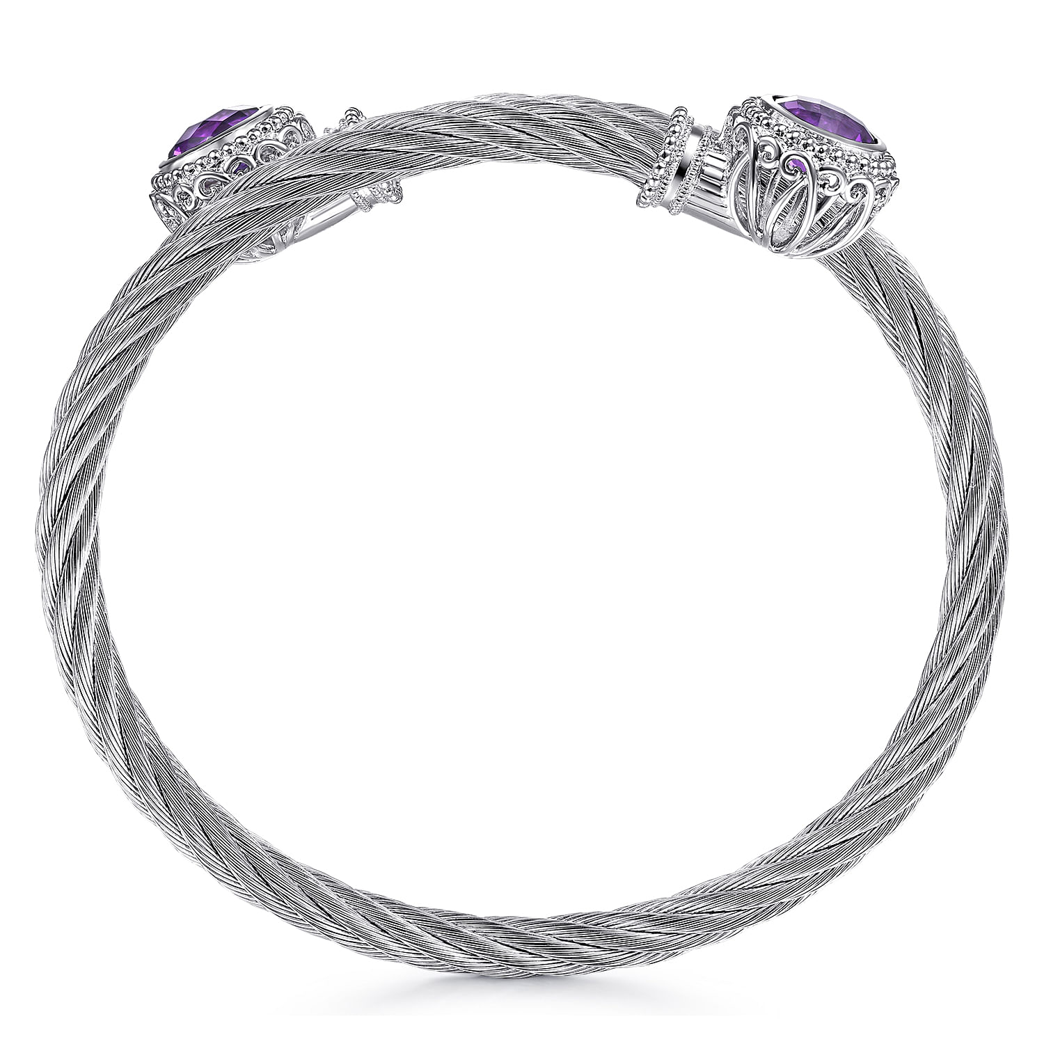 925 Sterling Silver and Twisted Cable Stainless Steel Amethyst Stone Bypass Bangle