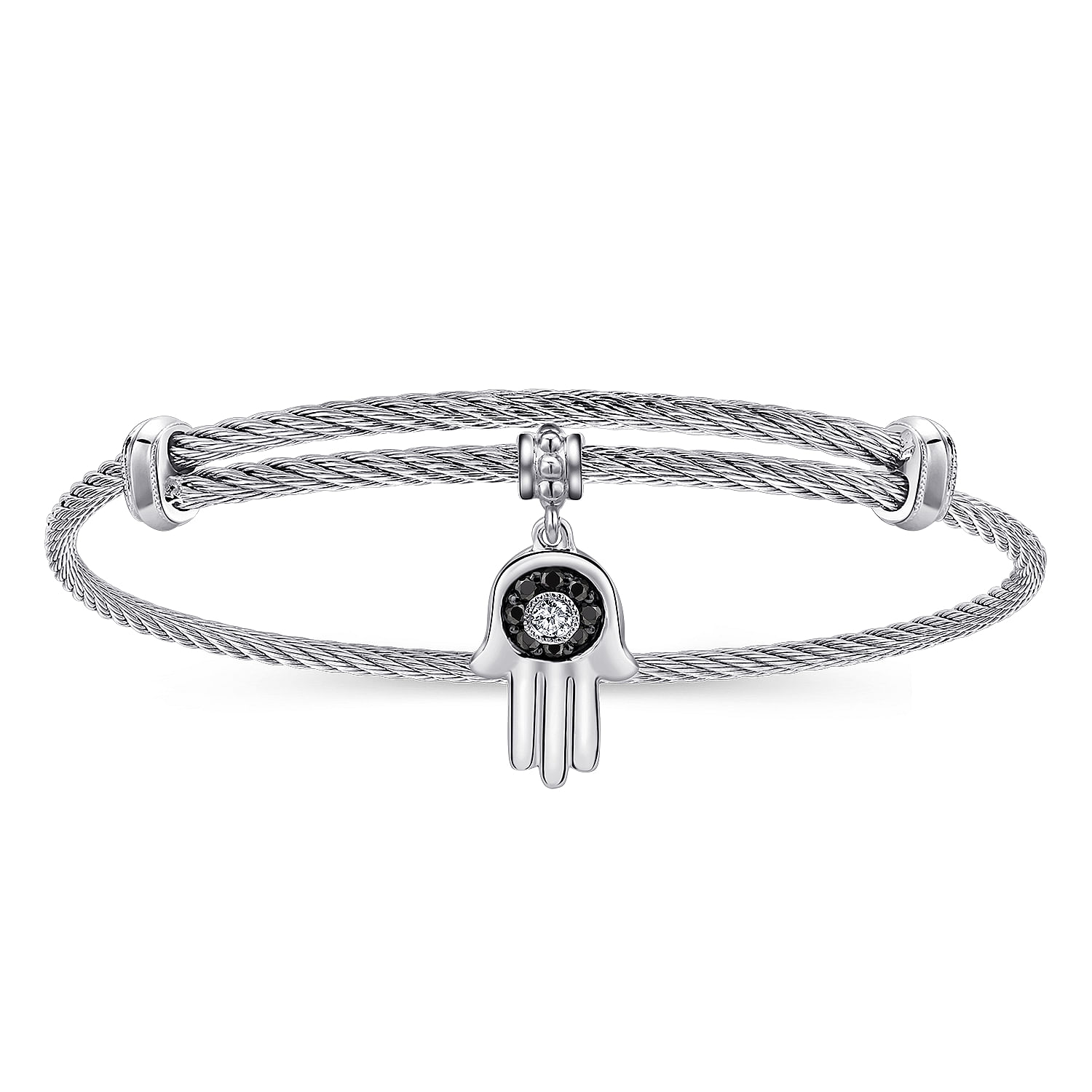 Adjustable Stainless Steel Bangle with Silver Black Spinel and White Sapphire Hamsa Charm