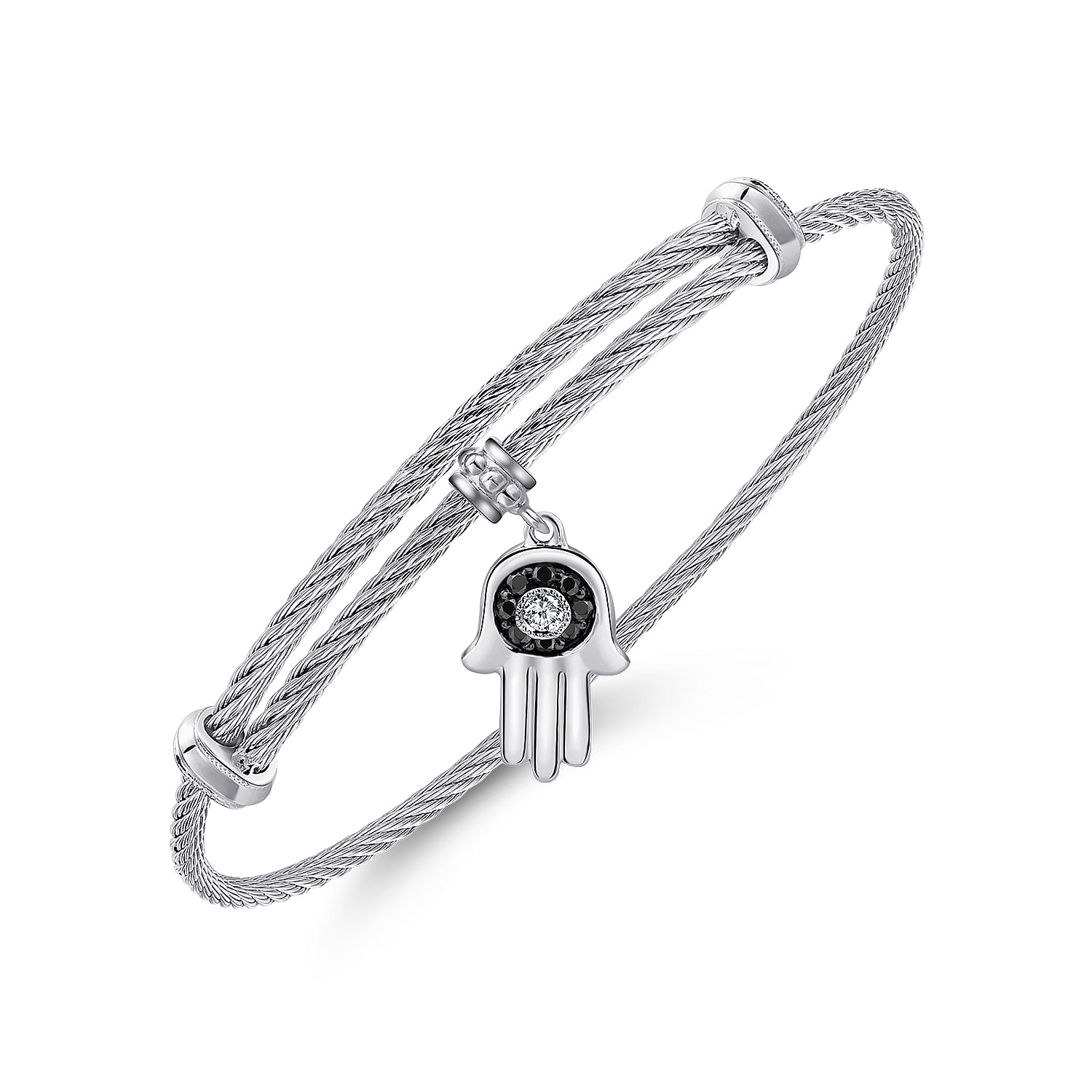 Adjustable Stainless Steel Bangle with Silver Black Spinel and White Sapphire Hamsa Charm