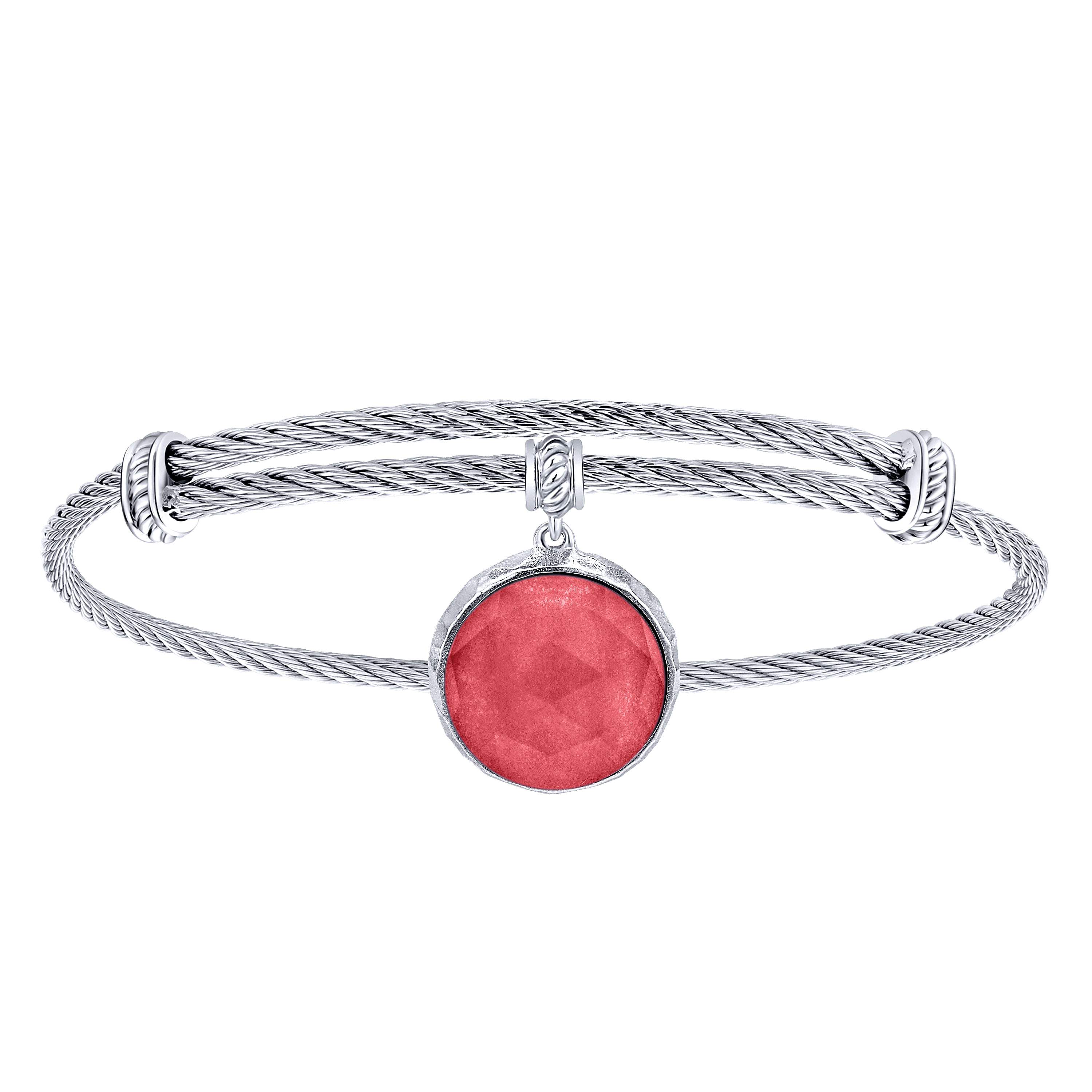 Adjustable Twisted Cable Stainless Steel Bangle with Round Sterling Silver Rock Crystal/Red Jade Charm