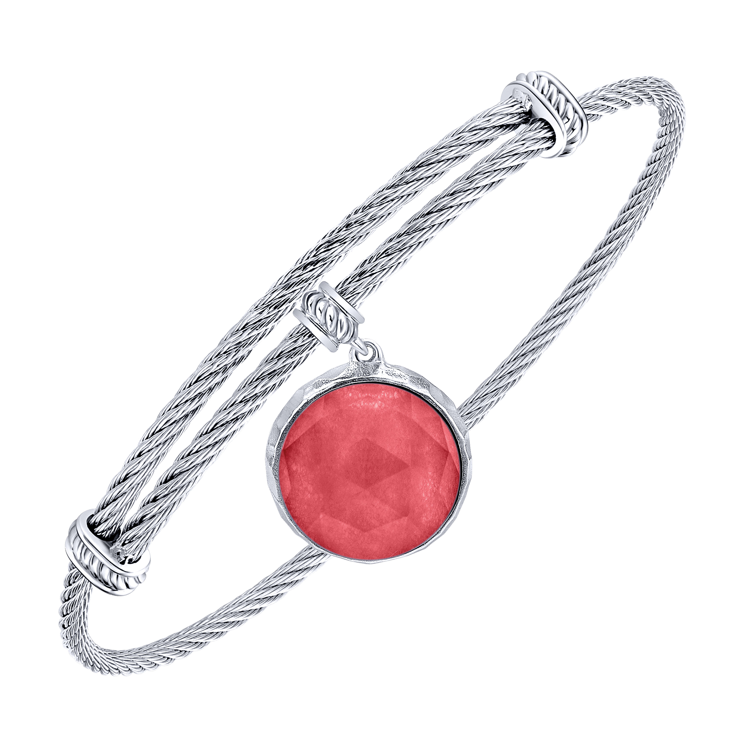 Adjustable Twisted Cable Stainless Steel Bangle with Round Sterling Silver Rock Crystal/Red Jade Charm