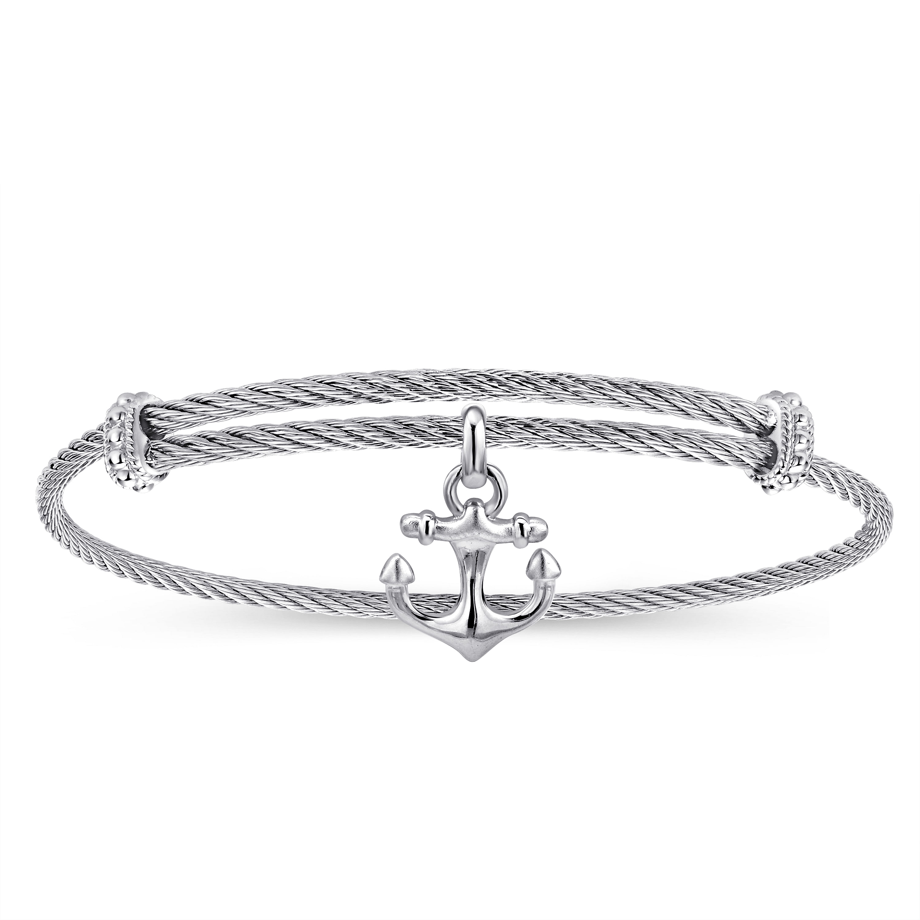 Adjustable Twisted Cable Stainless Steel Bangle with Sterling Silver Anchor Charm