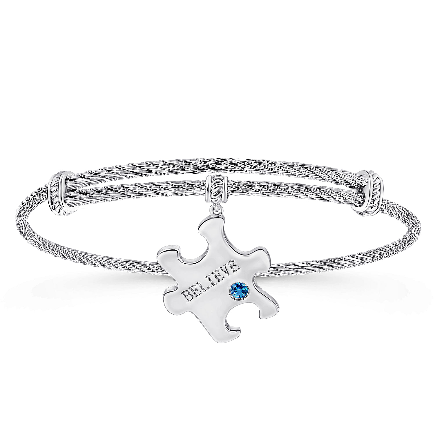 Adjustable Twisted Cable Stainless Steel Bangle with Sterling Silver Blue Topaz Puzzle Piece Charm