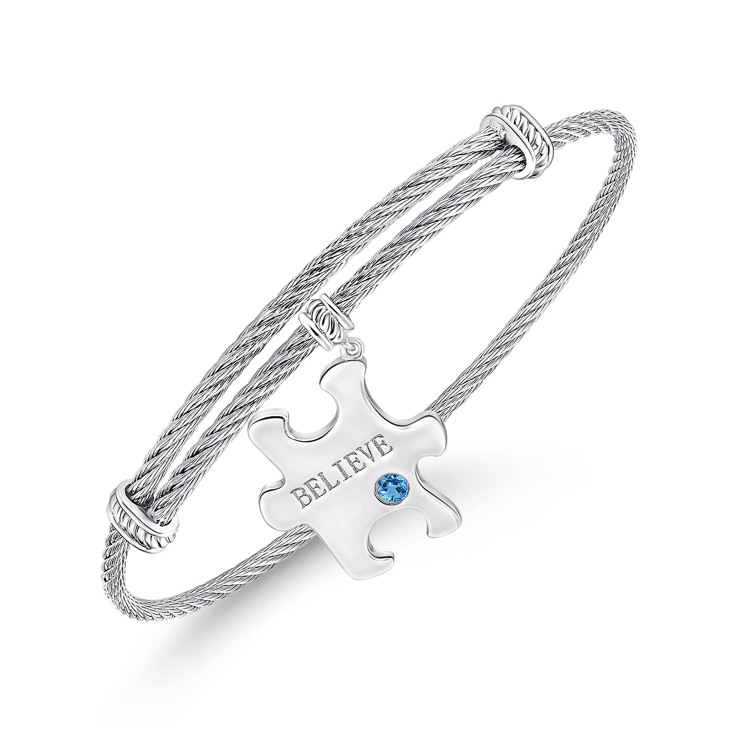 Adjustable Twisted Cable Stainless Steel Bangle with Sterling Silver Blue Topaz Puzzle Piece Charm