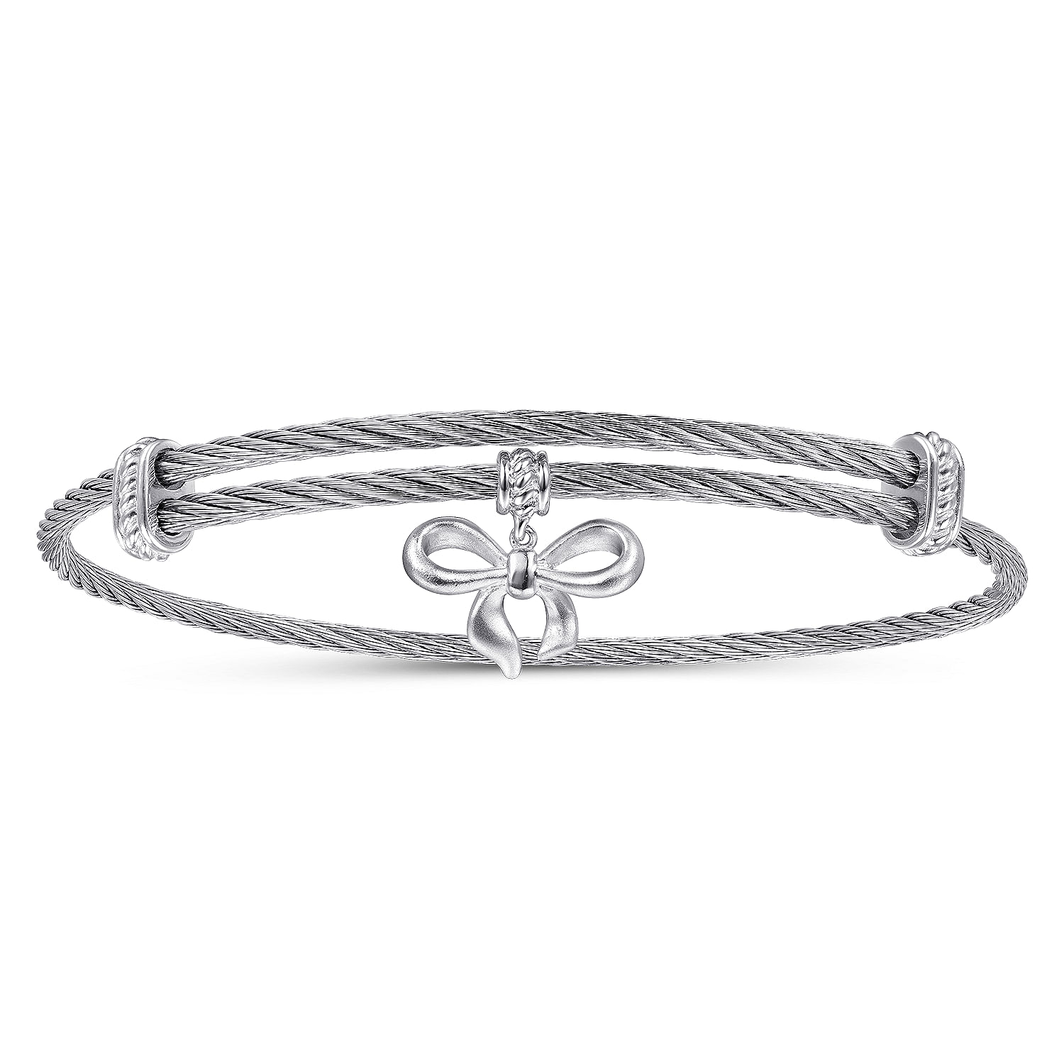 Adjustable Twisted Cable Stainless Steel Bangle with Sterling Silver Bow Charm