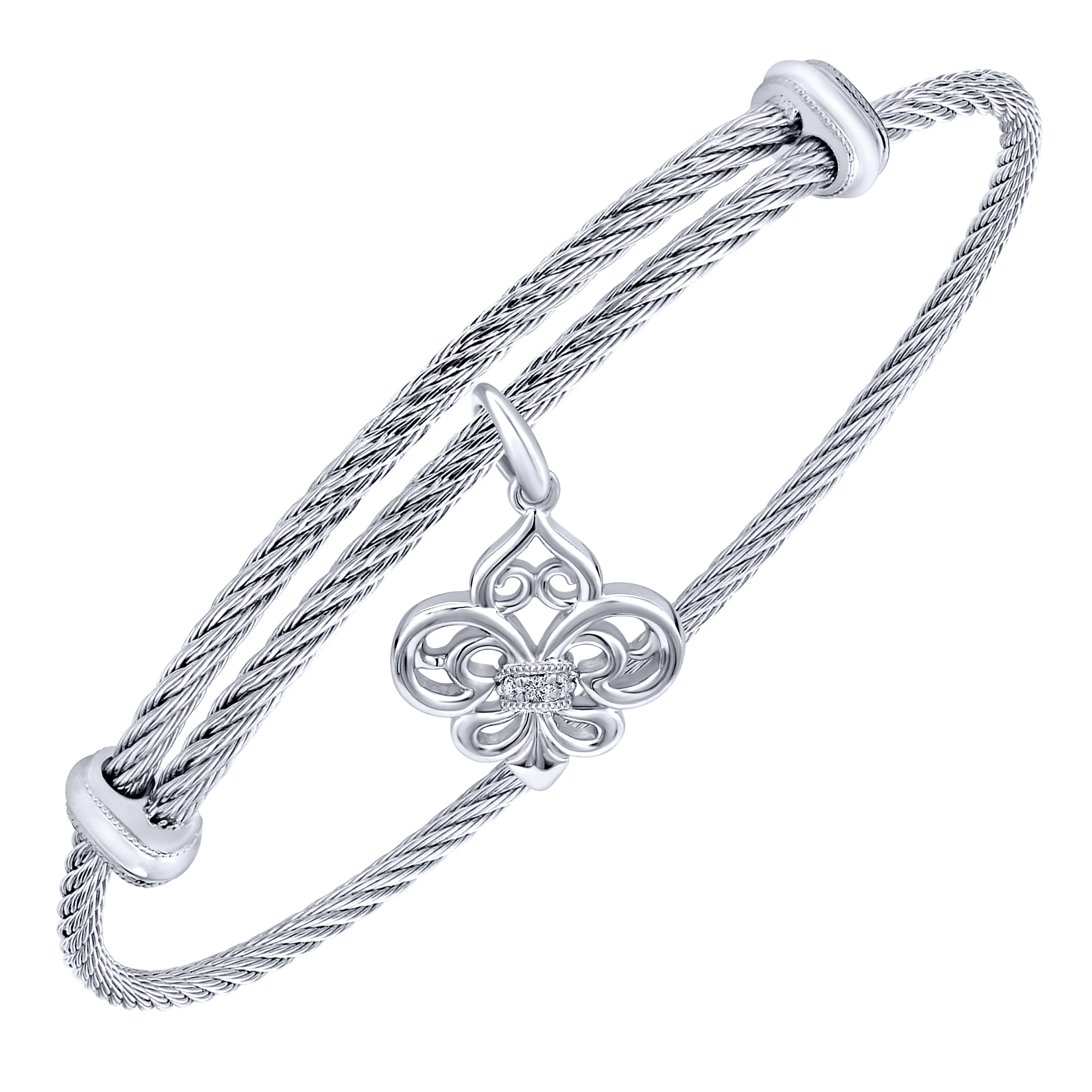 Adjustable Twisted Cable Stainless Steel Bangle with Sterling Silver Diamond Fleur de Lis Charm
