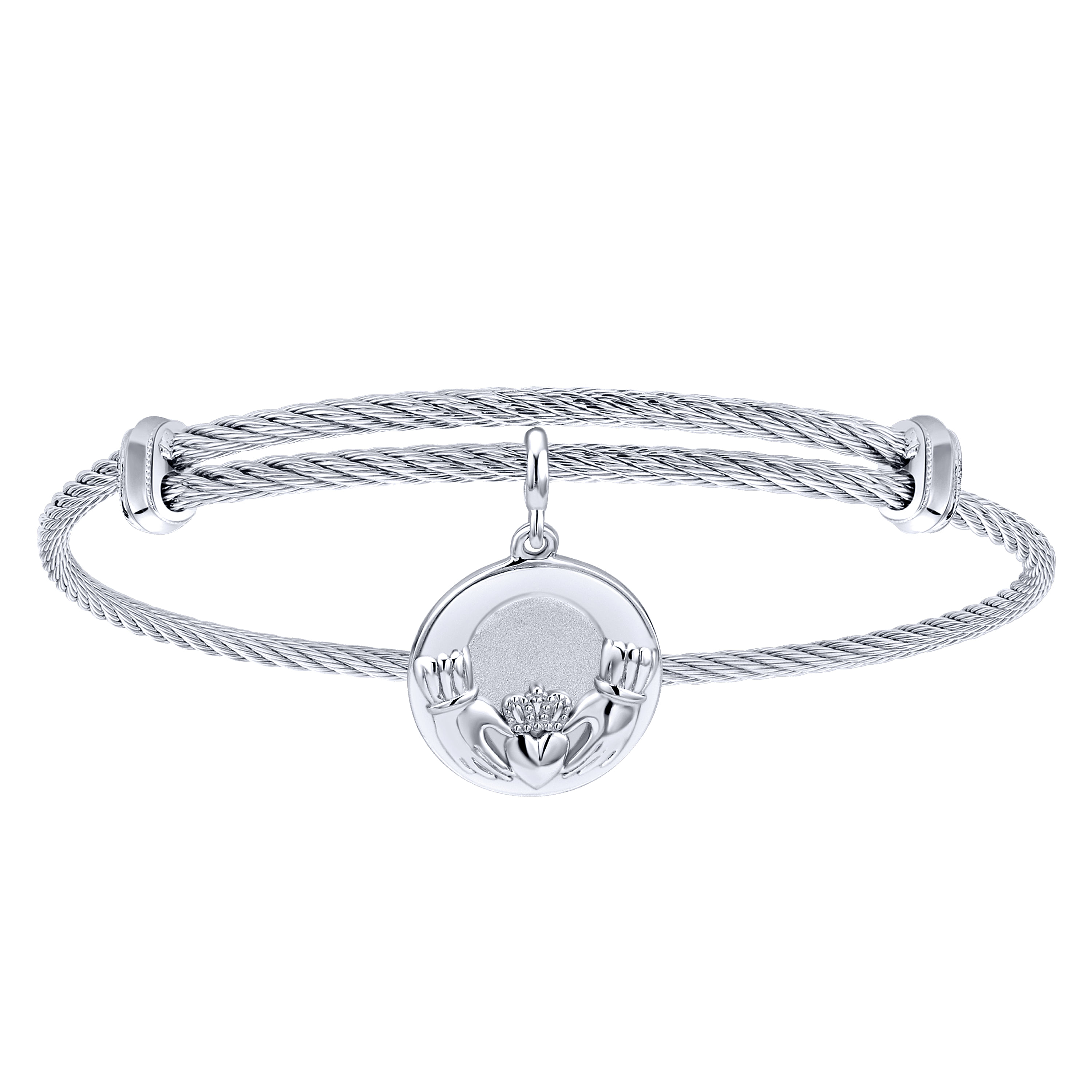 Adjustable Twisted Cable Stainless Steel Bangle with Sterling Silver Loving Hands Charm