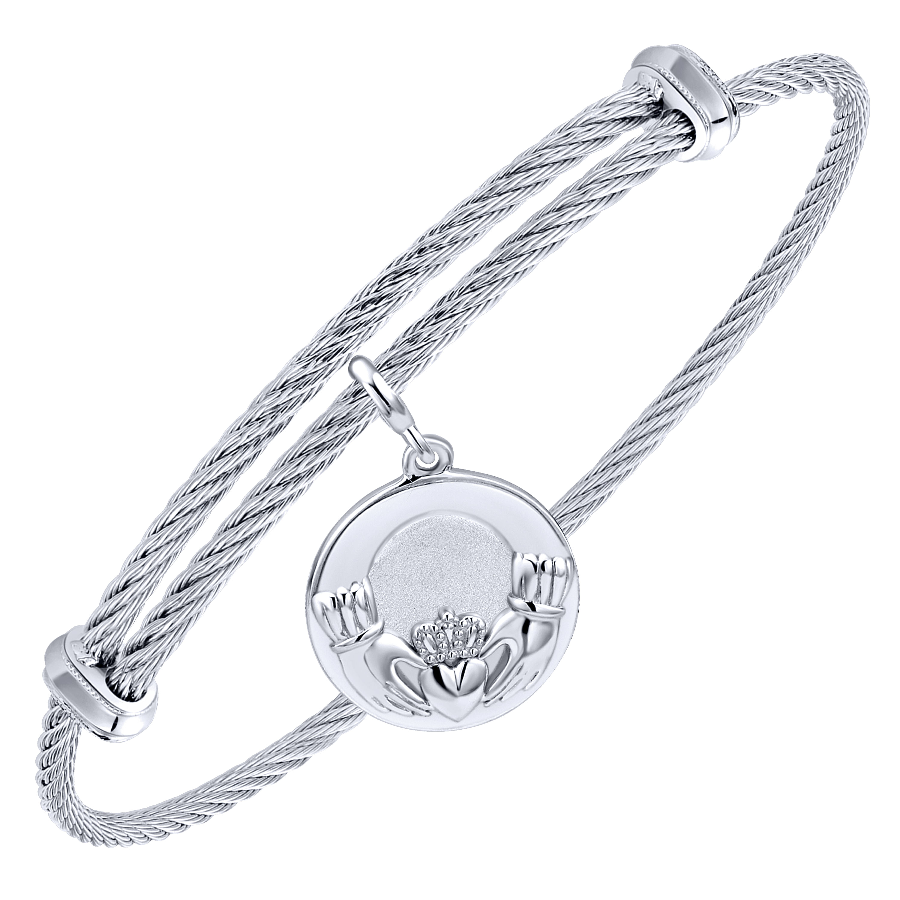 Adjustable Twisted Cable Stainless Steel Bangle with Sterling Silver Loving Hands Charm