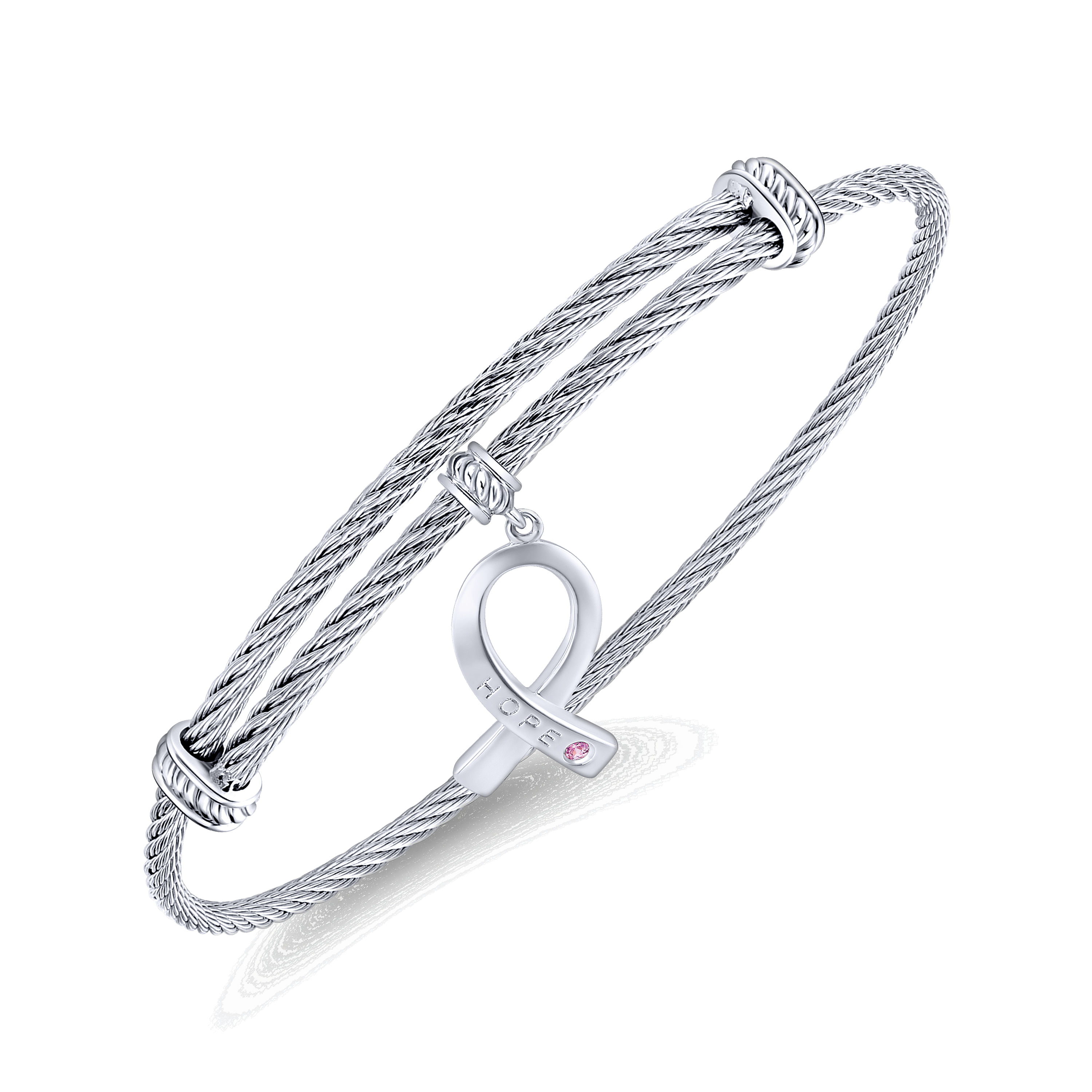 Adjustable Twisted Cable Stainless Steel Bangle with Sterling Silver Pink Zircon Breast Cancer Charm