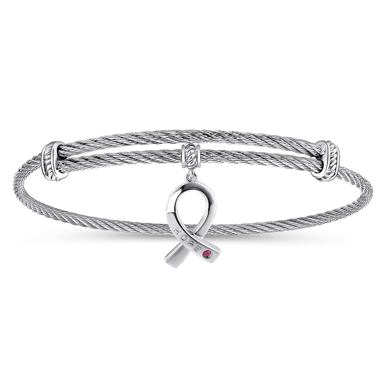 Adjustable Twisted Cable Stainless Steel Bangle with Sterling Silver Ruby Breast Cancer Charm