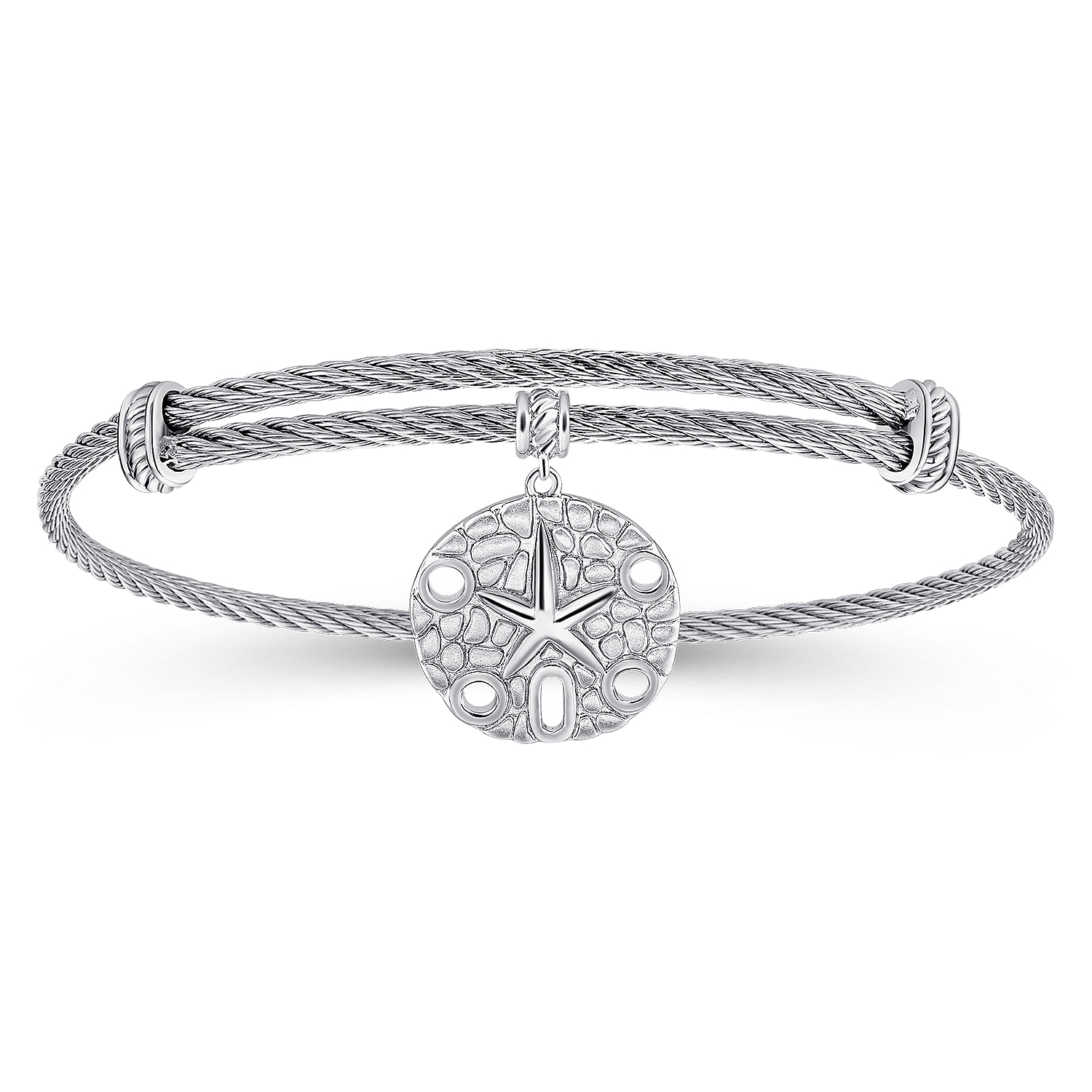 Adjustable Twisted Cable Stainless Steel Bangle with Sterling Silver Sand Dollar Charm