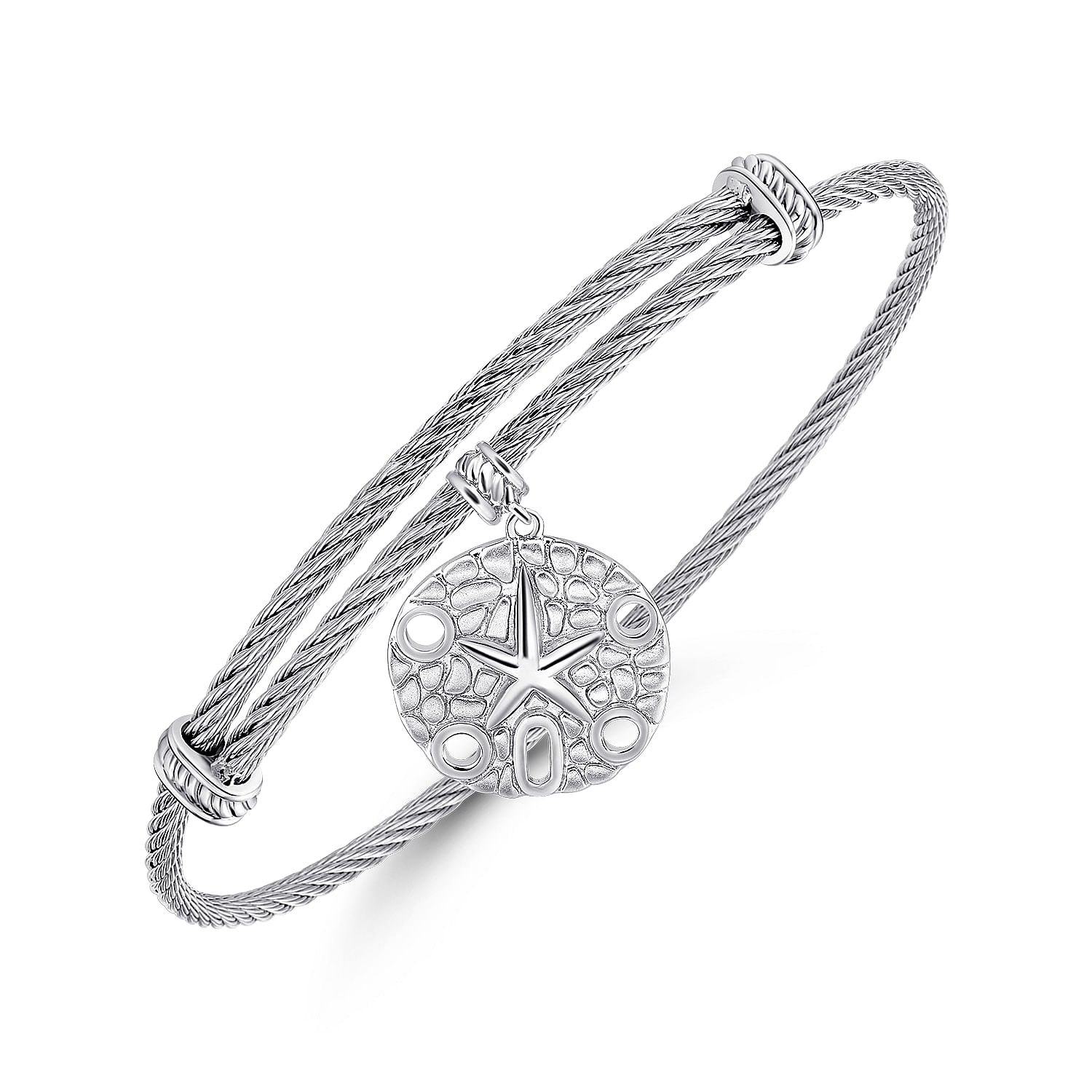 Adjustable Twisted Cable Stainless Steel Bangle with Sterling Silver Sand Dollar Charm