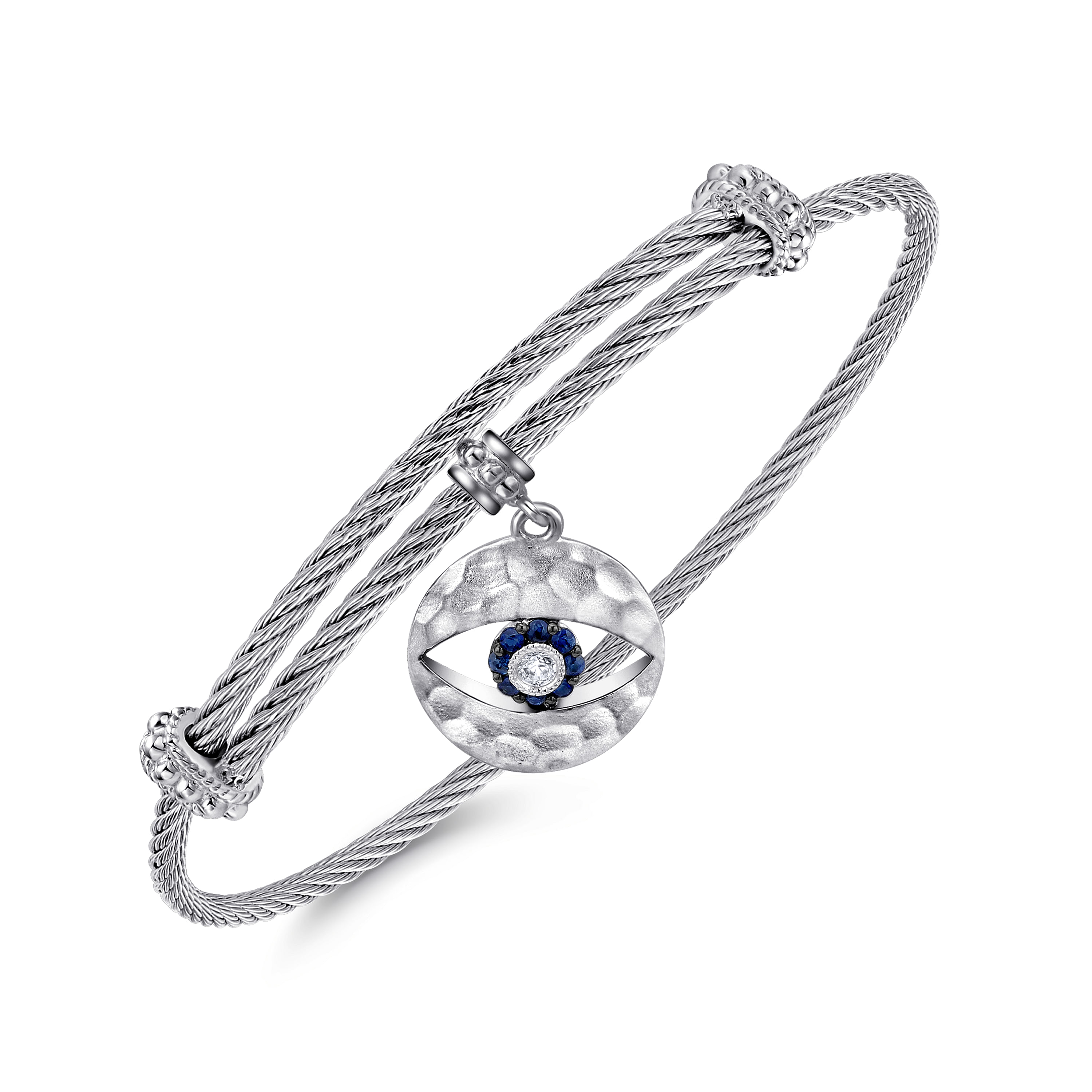 Adjustable Twisted Cable Stainless Steel Bangle with Sterling Silver Sapphire Evil Eye Charm