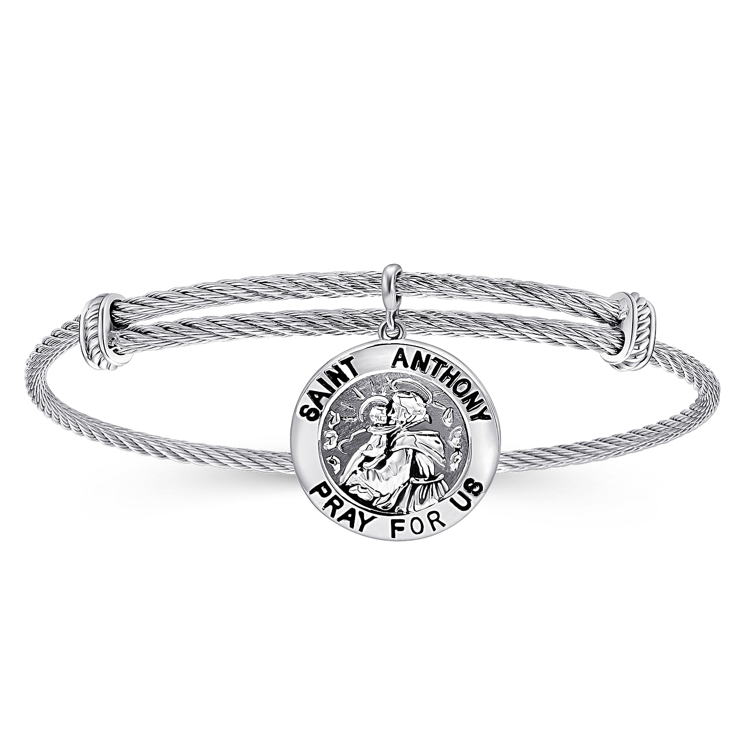 Adjustable Twisted Cable Stainless Steel Bangle with Sterling Silver St. Anthony Charm