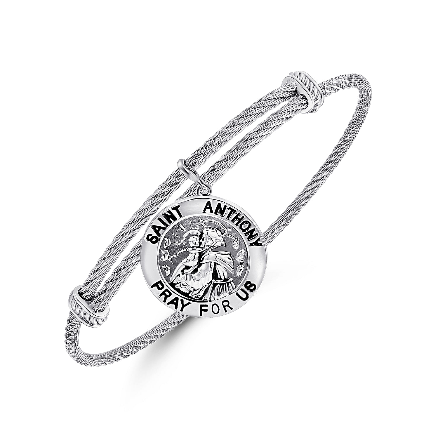 Adjustable Twisted Cable Stainless Steel Bangle with Sterling Silver St. Anthony Charm