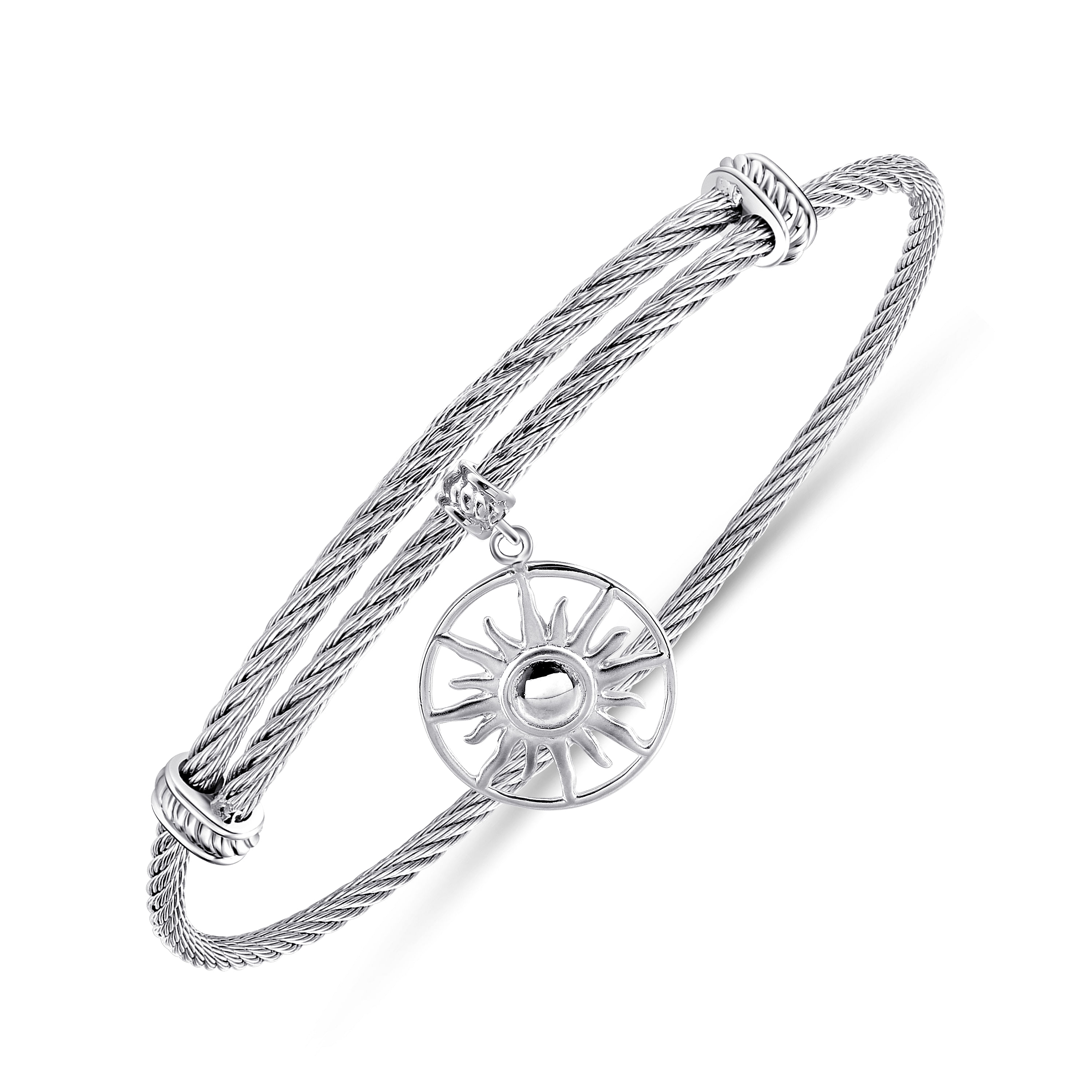 Adjustable Twisted Cable Stainless Steel Bangle with Sterling Silver Sun Charm