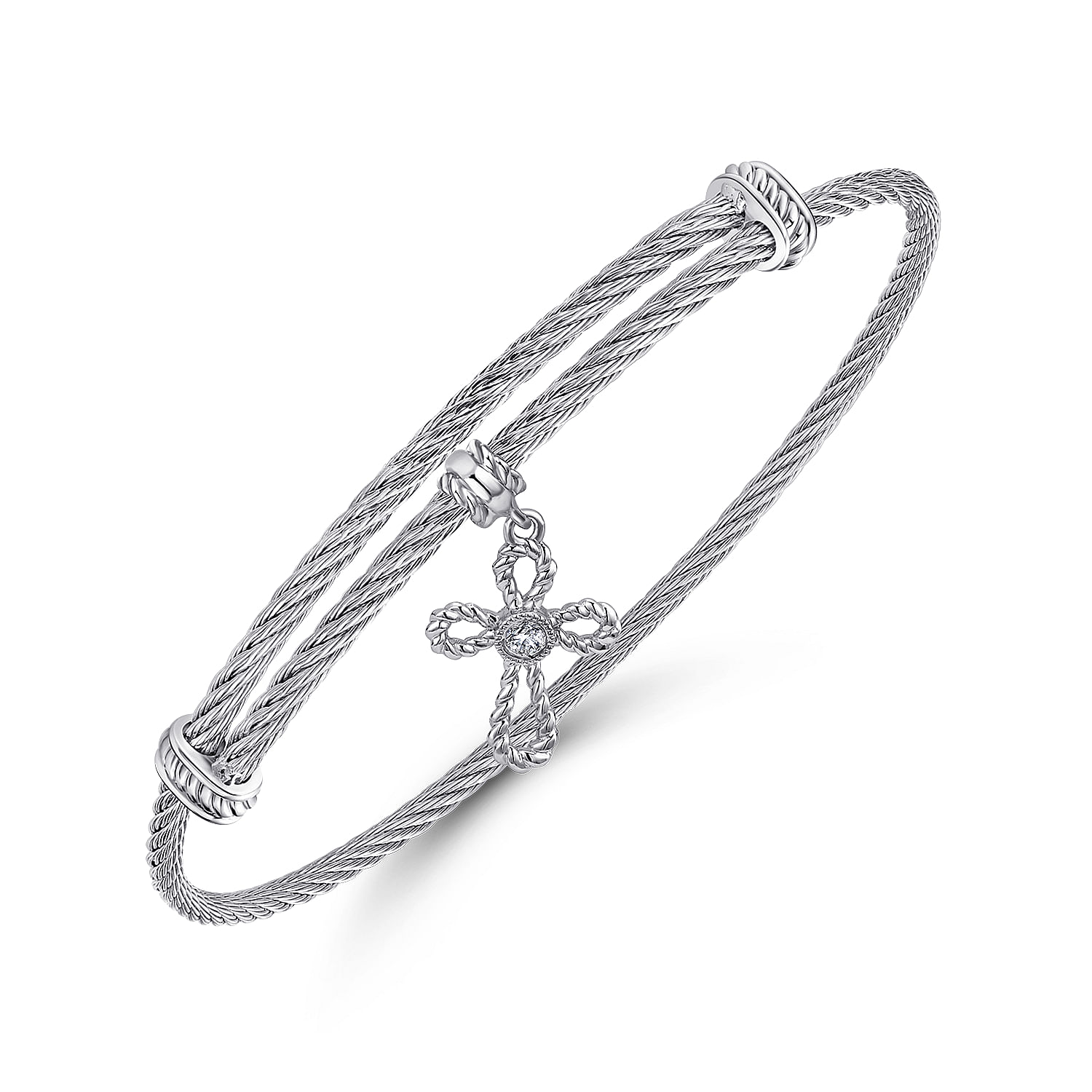 Adjustable Twisted Cable Stainless Steel Bangle with Sterling Silver and White Sapphire Cross Charm