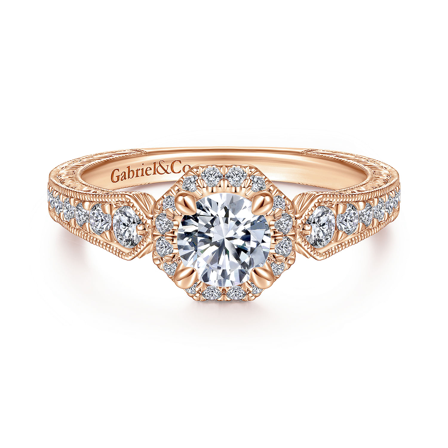 Art Deco 14K Rose Gold Octagonal Halo Round Diamond Engagement Ring