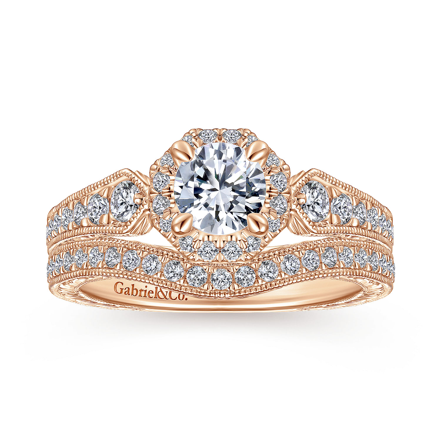 Art Deco 14K Rose Gold Octagonal Halo Round Diamond Engagement Ring