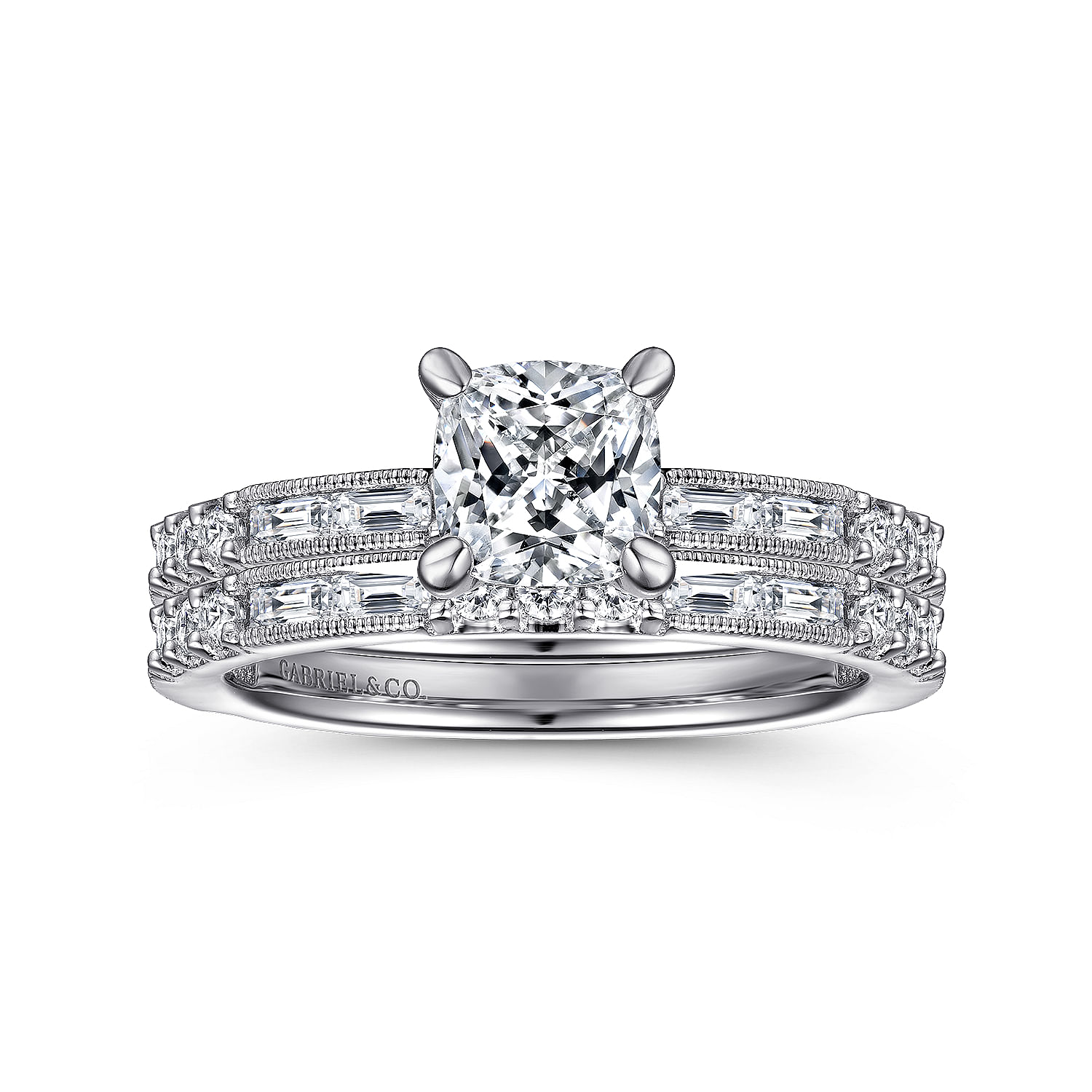 Art Deco 14K White Gold Cushion Cut Diamond Engagement Ring