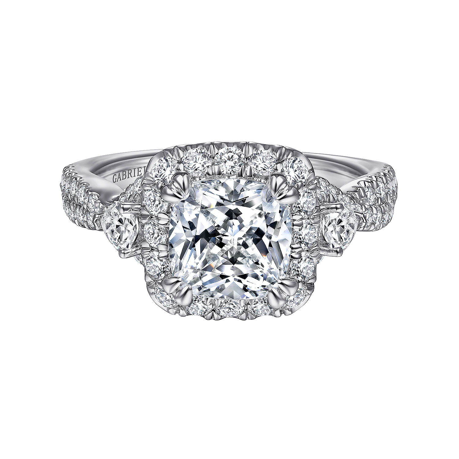Art Deco 14K White Gold Cushion Three Stone Halo Diamond Engagement Ring
