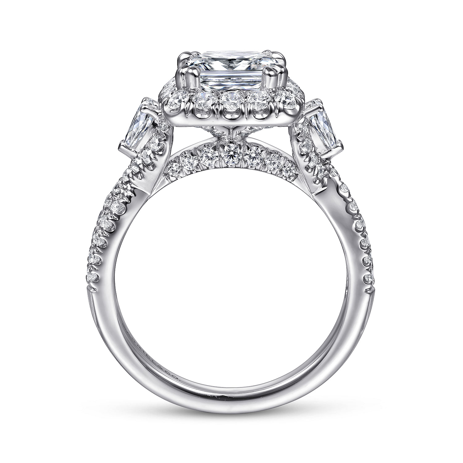 Art Deco 14K White Gold Cushion Three Stone Halo Diamond Engagement Ring