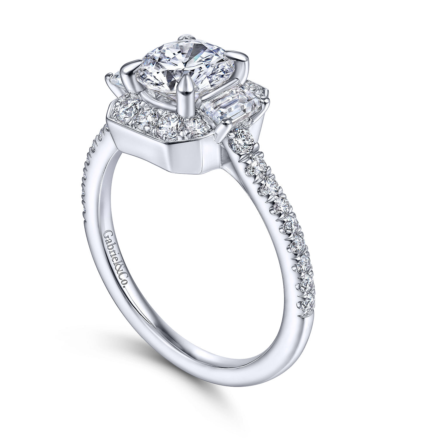 Art Deco 14K White Gold Fancy Halo Three Stone Round Diamond Channel Set Engagement Ring