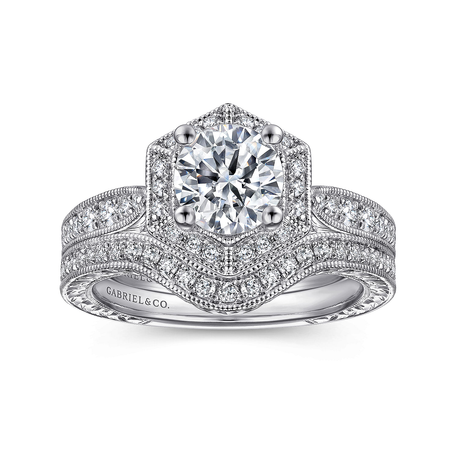 Art Deco 14K White Gold Hexagonal Halo Round Diamond Engagement Ring
