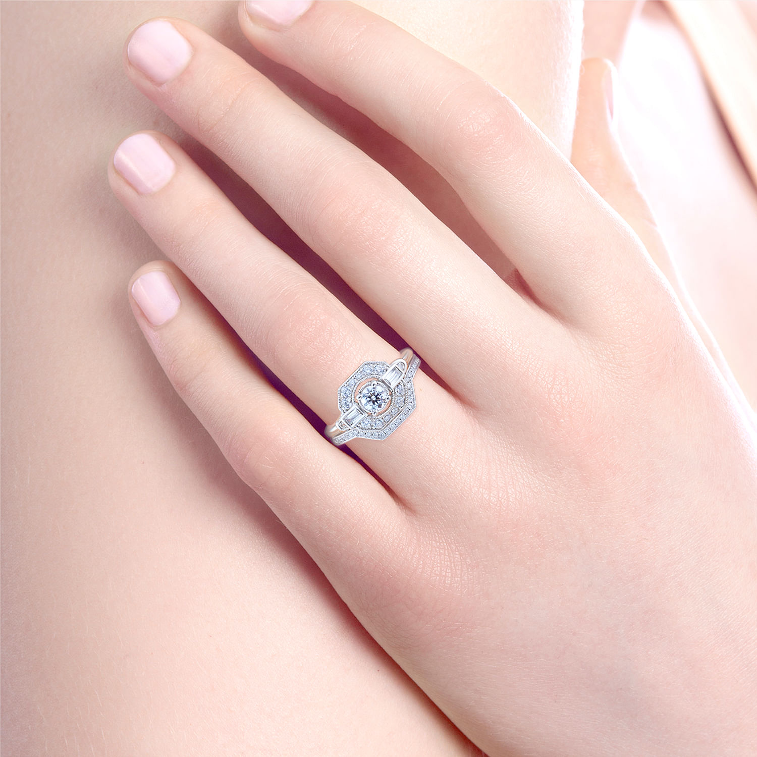 Art Deco 14K White Gold Octagonal Halo Round Complete Diamond Engagement Ring