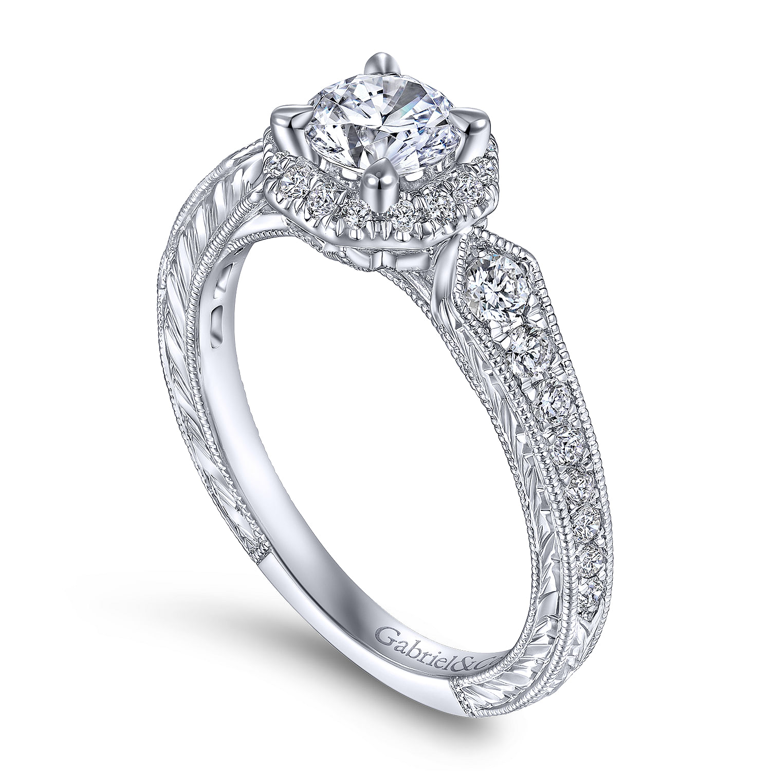 Art Deco 14K White Gold Octagonal Halo Round Diamond Engagement Ring