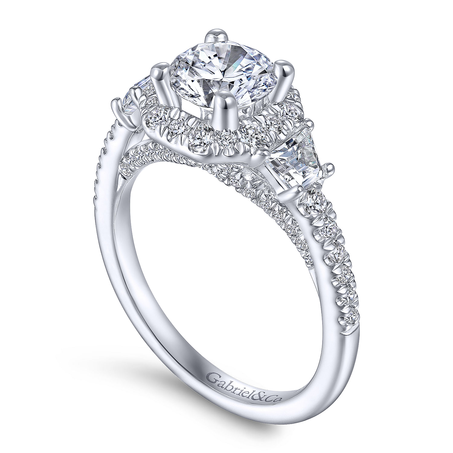 Art Deco 14K White Gold Octagonal Three Stone Halo Round Diamond Engagement Ring
