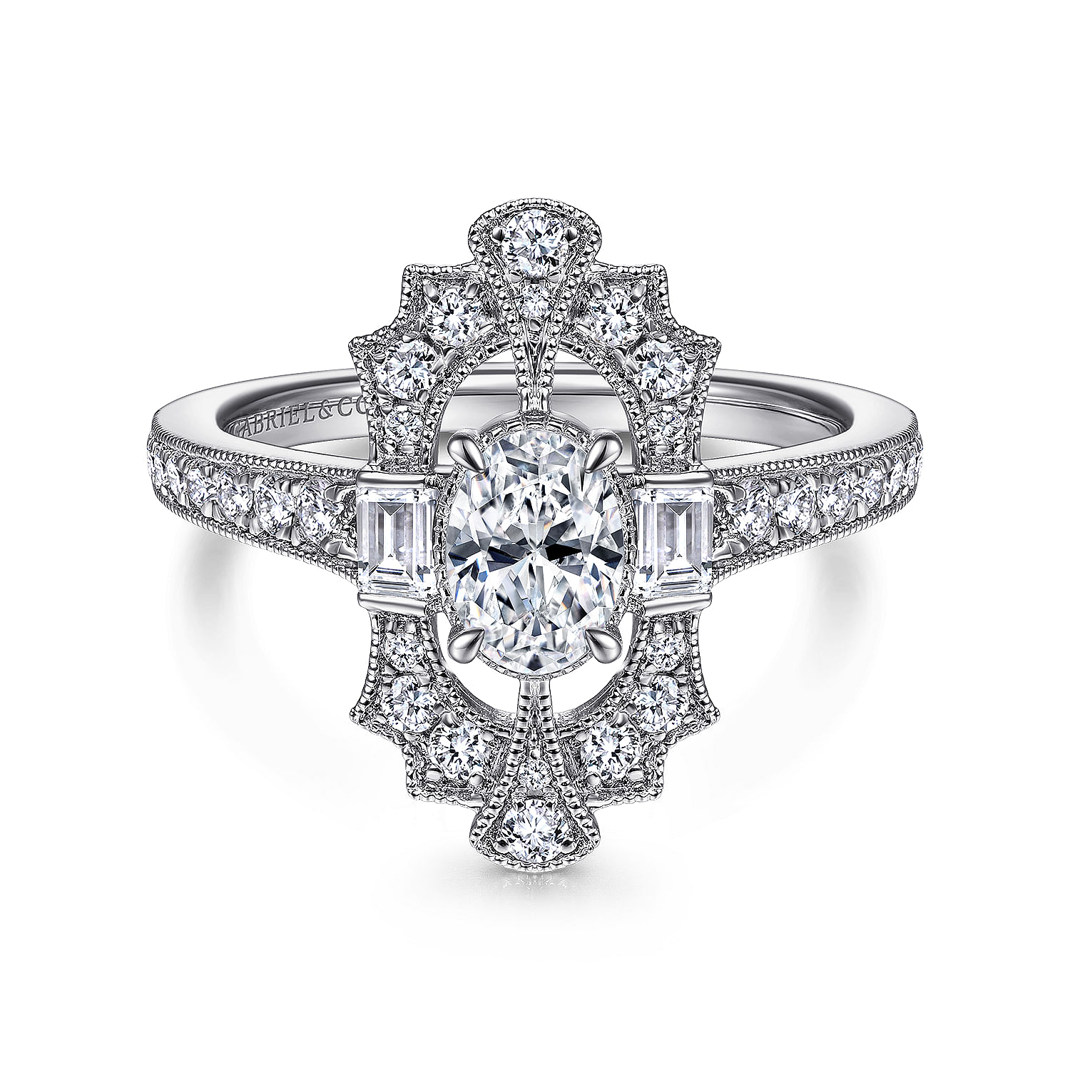 Art Deco 14K White Gold Oval Halo Diamond Channel Set Engagement Ring