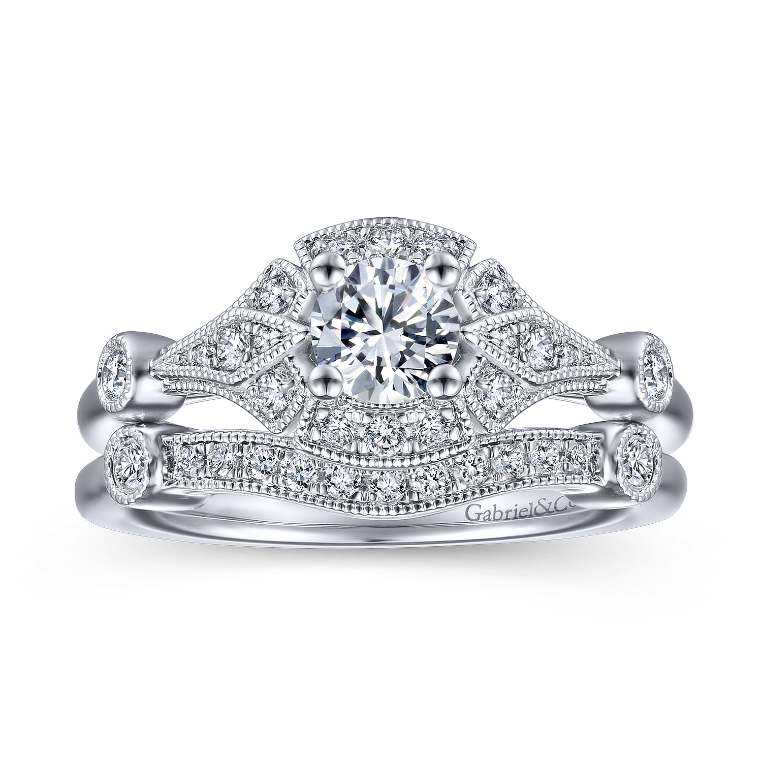 Art Deco 14K White Gold Round Halo Complete Diamond Engagement Ring