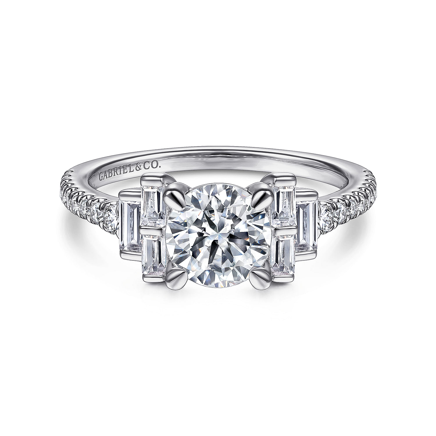 Art Deco 14K White Gold Round Three Stone Diamond Engagement Ring