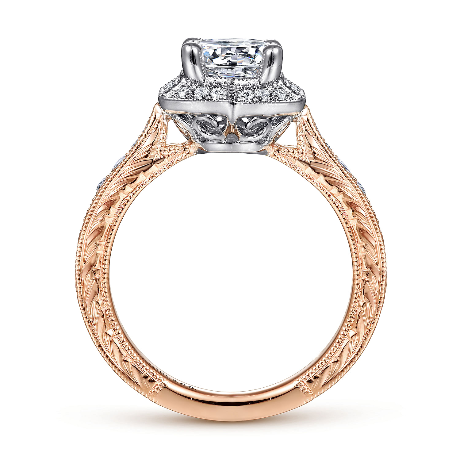 Art Deco 14K White-Rose Gold Hexagonal Halo Round Diamond Engagement Ring