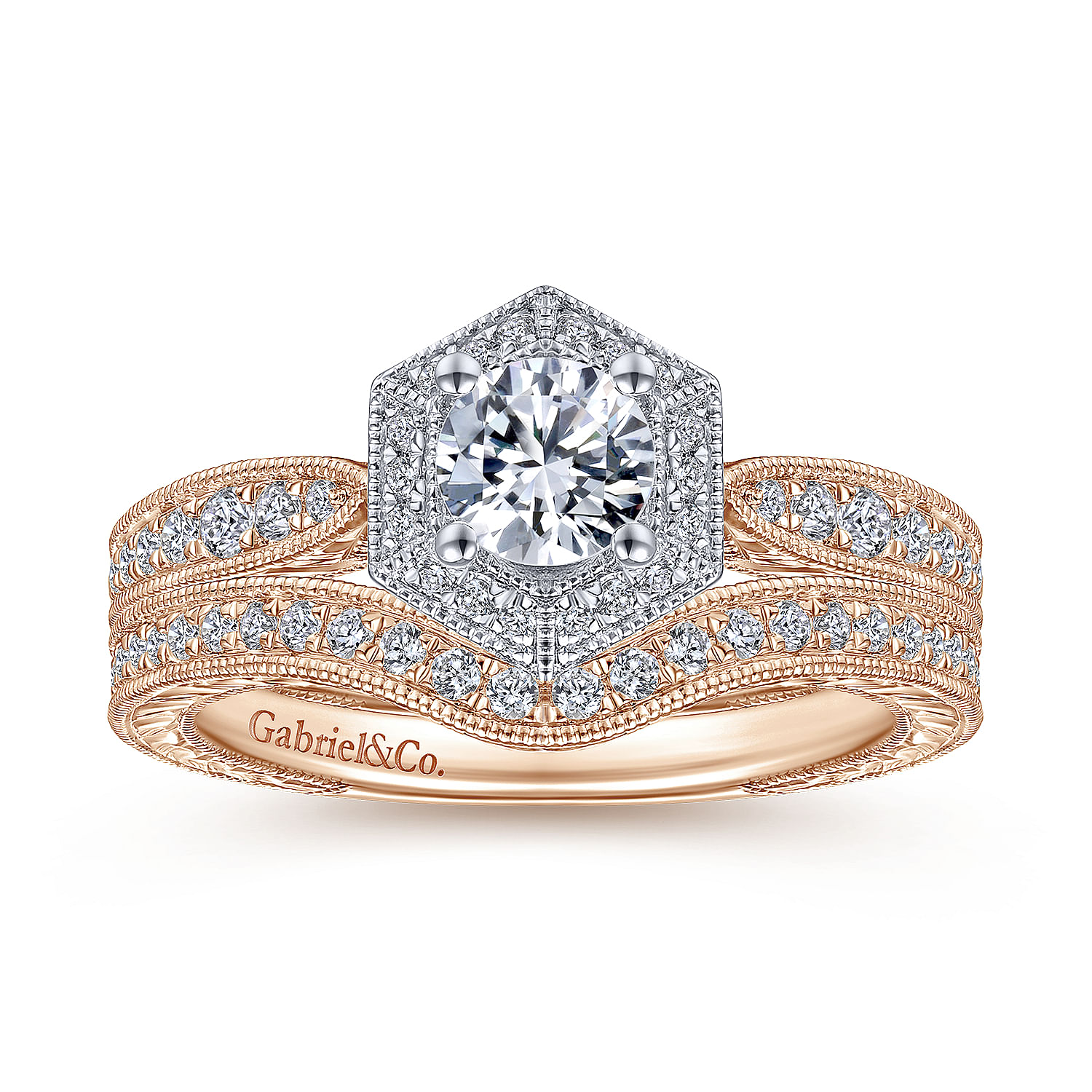 Art Deco 14K White-Rose Gold Hexagonal Halo Round Diamond Engagement Ring