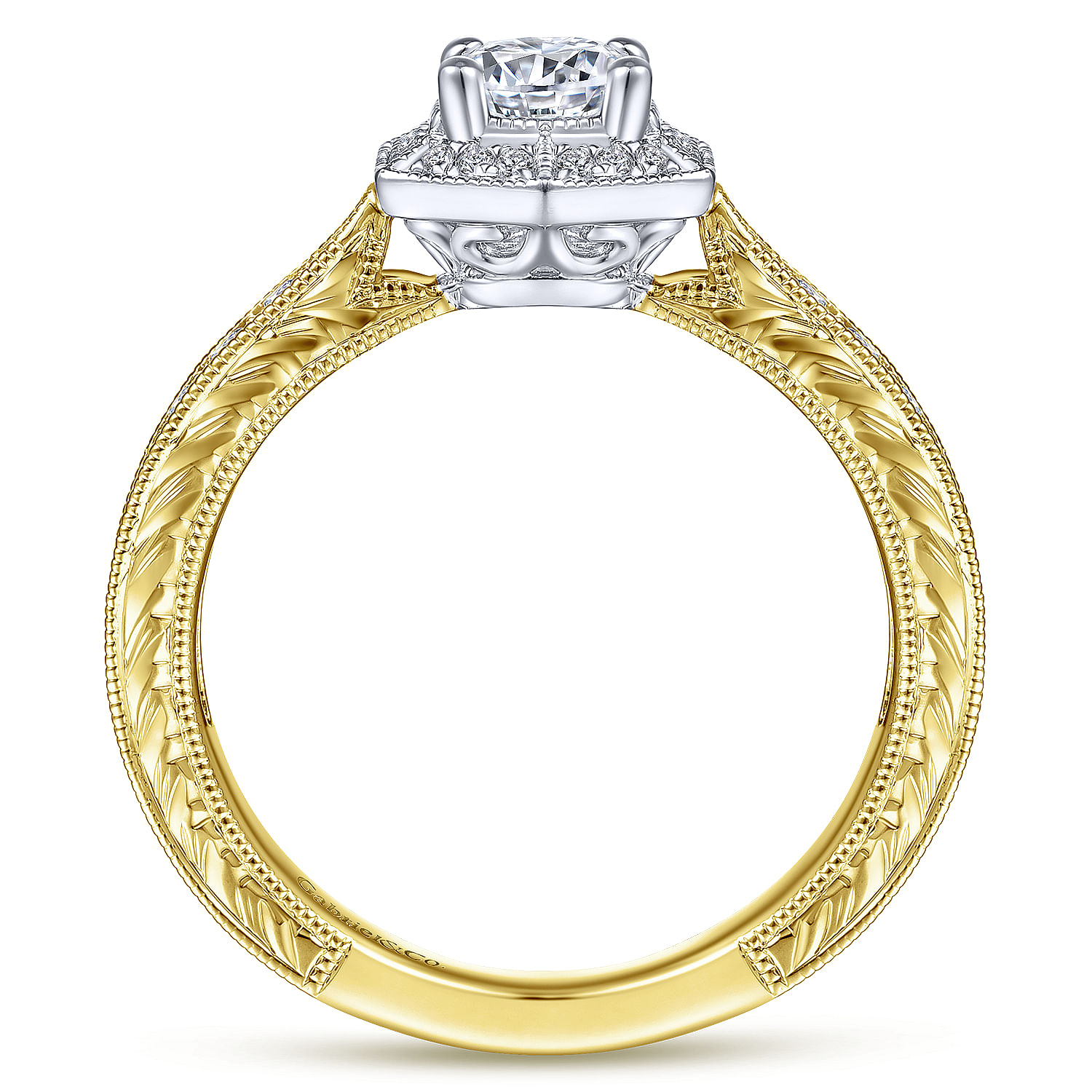 Art Deco 14K White-Yellow Gold Hexagonal Halo Round Complete Diamond Engagement Ring