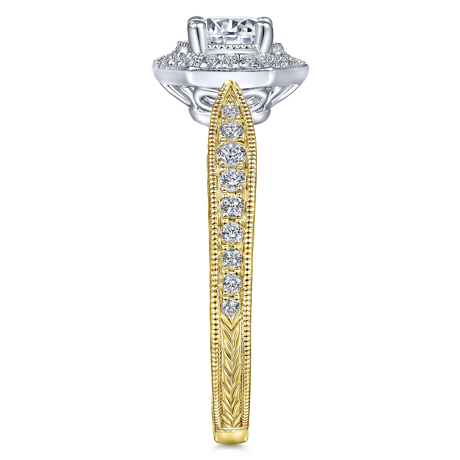 Art Deco 14K White-Yellow Gold Hexagonal Halo Round Complete Diamond Engagement Ring