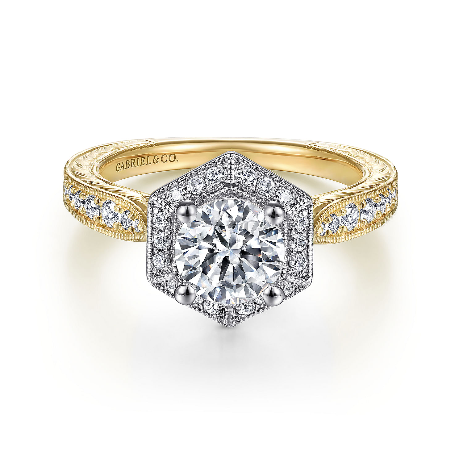 Art Deco 14K White-Yellow Gold Hexagonal Halo Round Diamond Engagement Ring