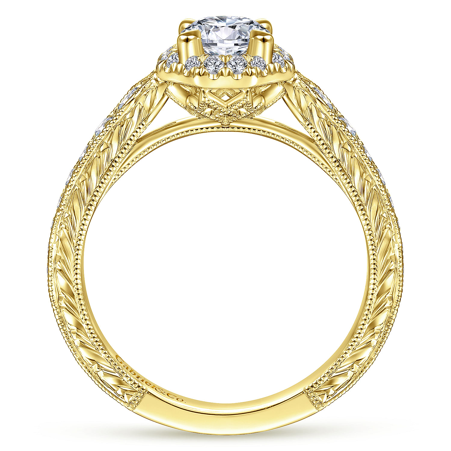 Art Deco 14K Yellow Gold Octagonal Halo Round Diamond Engagement Ring