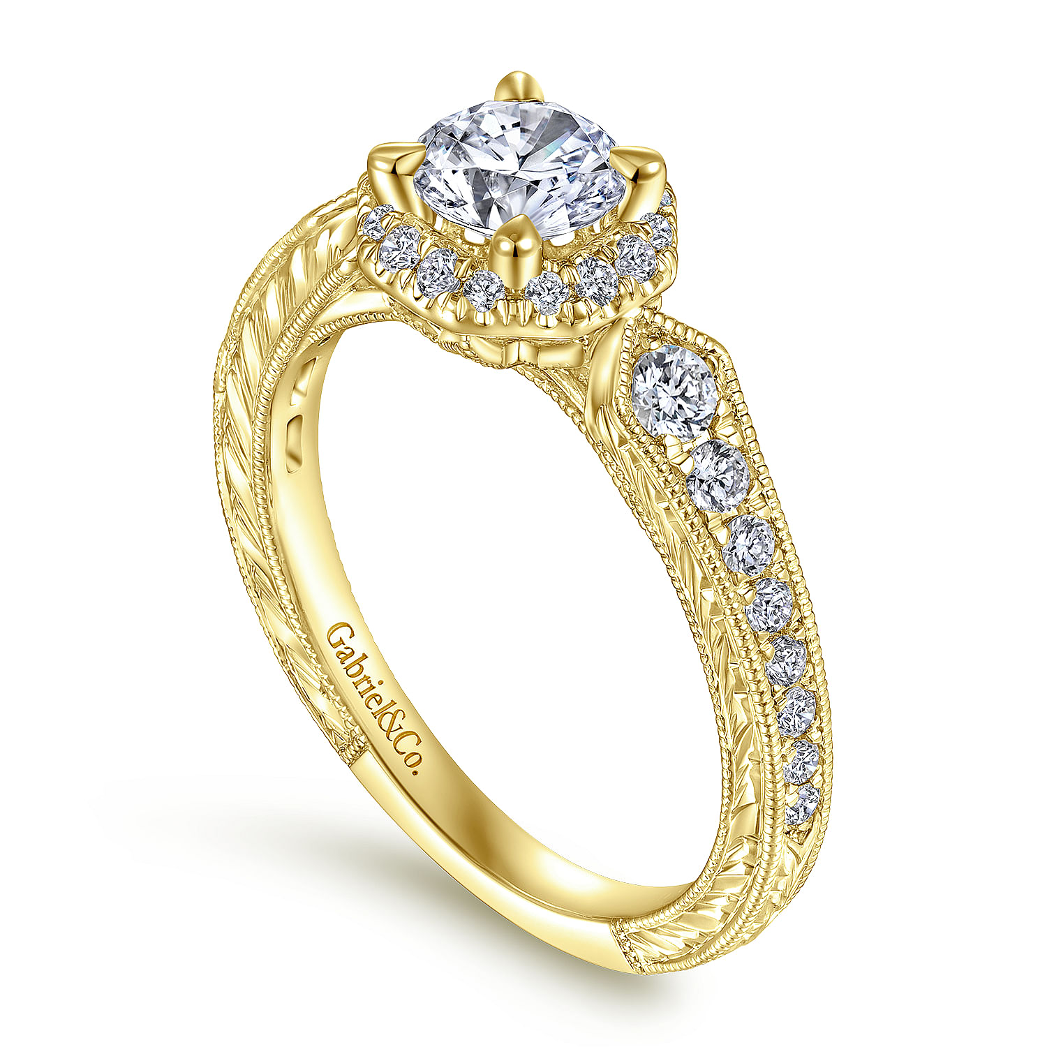 Art Deco 14K Yellow Gold Octagonal Halo Round Diamond Engagement Ring