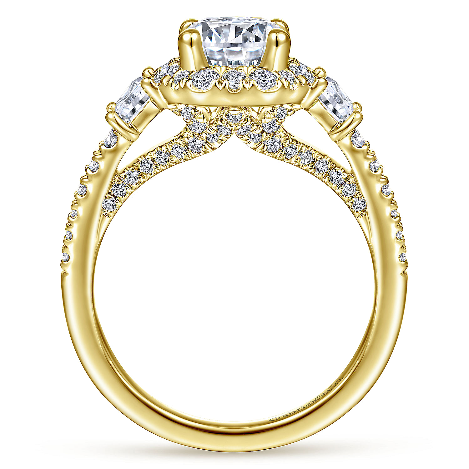 Art Deco 14K Yellow Gold Octagonal Three Stone Halo Round Diamond Engagement Ring