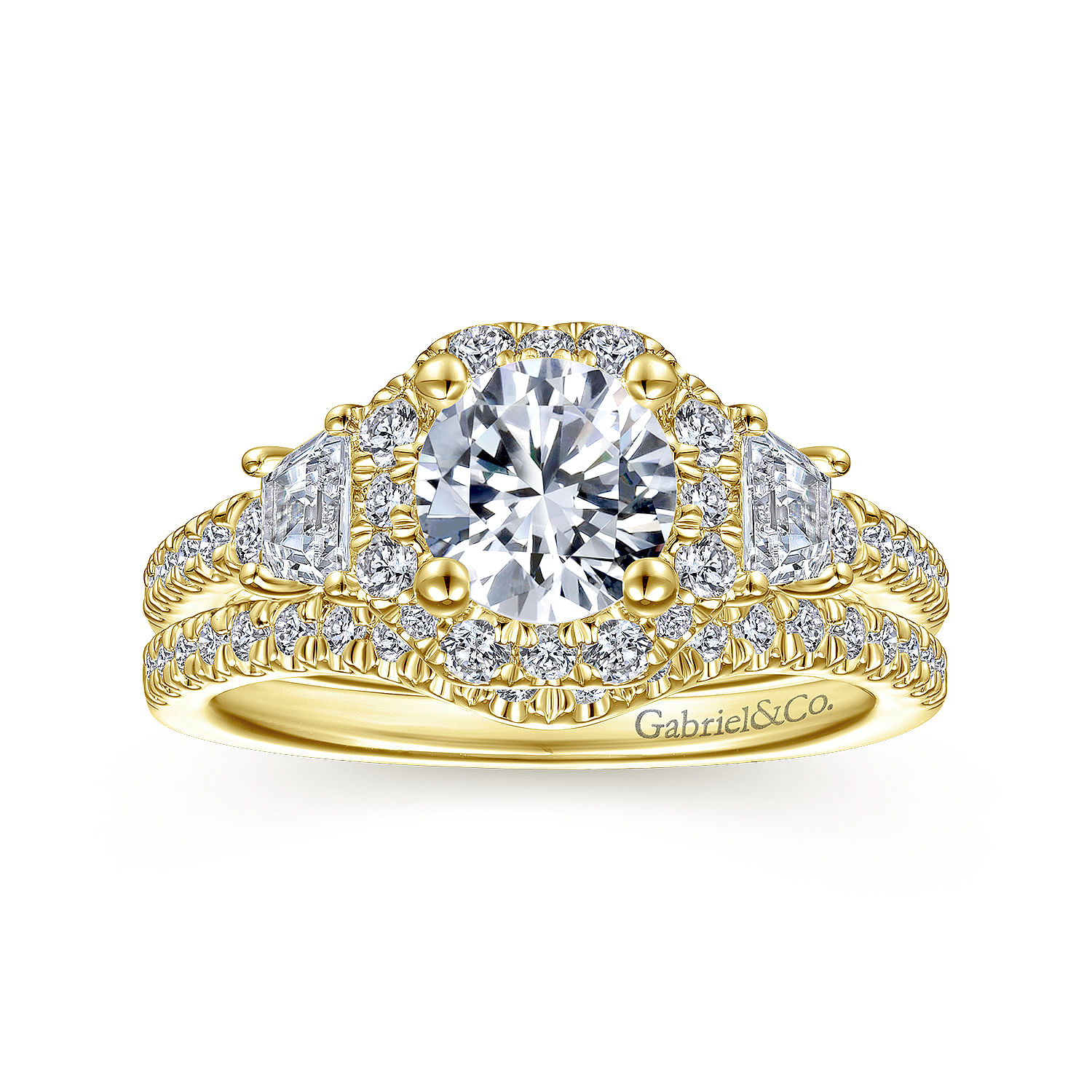 Art Deco 14K Yellow Gold Octagonal Three Stone Halo Round Diamond Engagement Ring