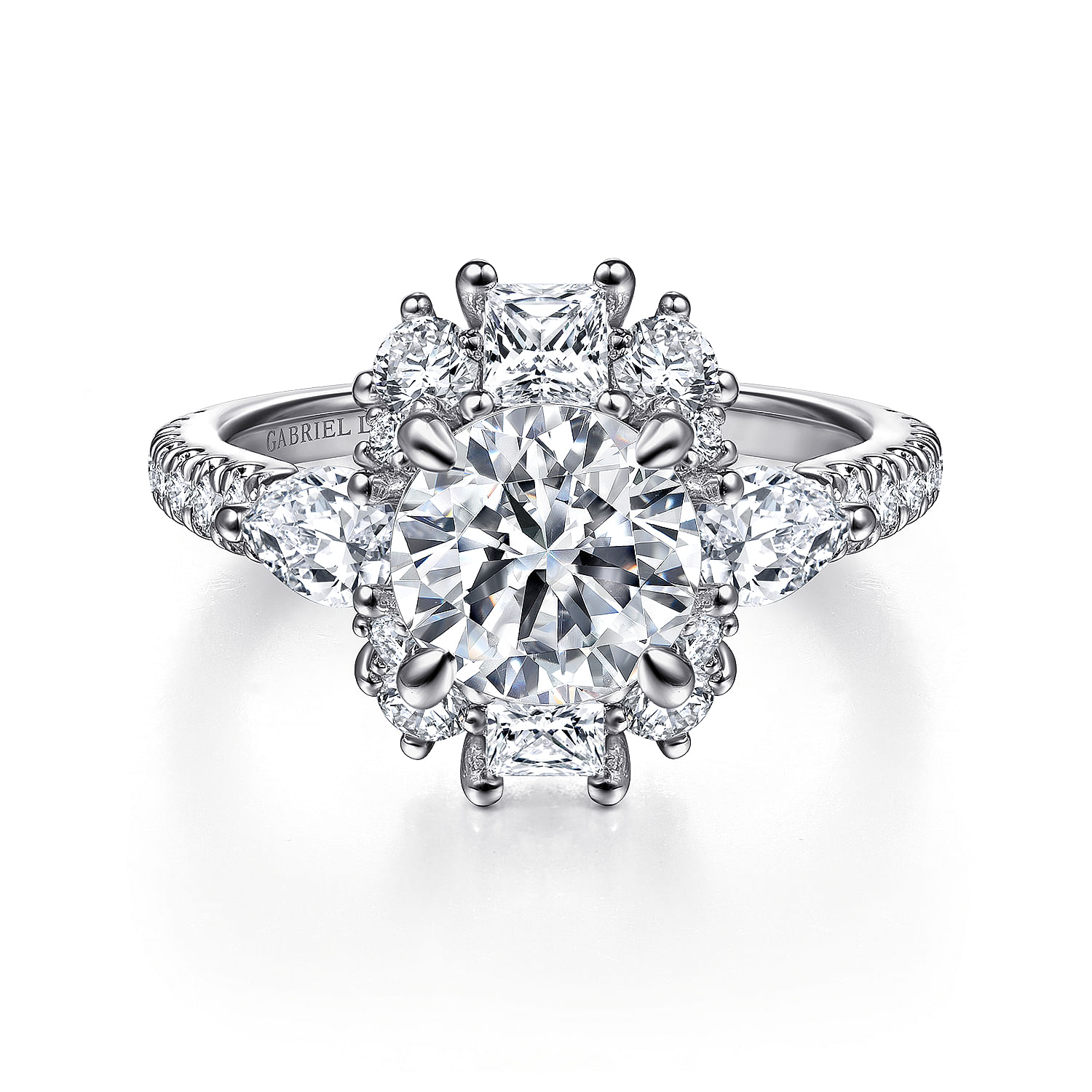 Art Deco 18K White Gold Fancy Three Stone Halo Round Diamond Engagement Ring